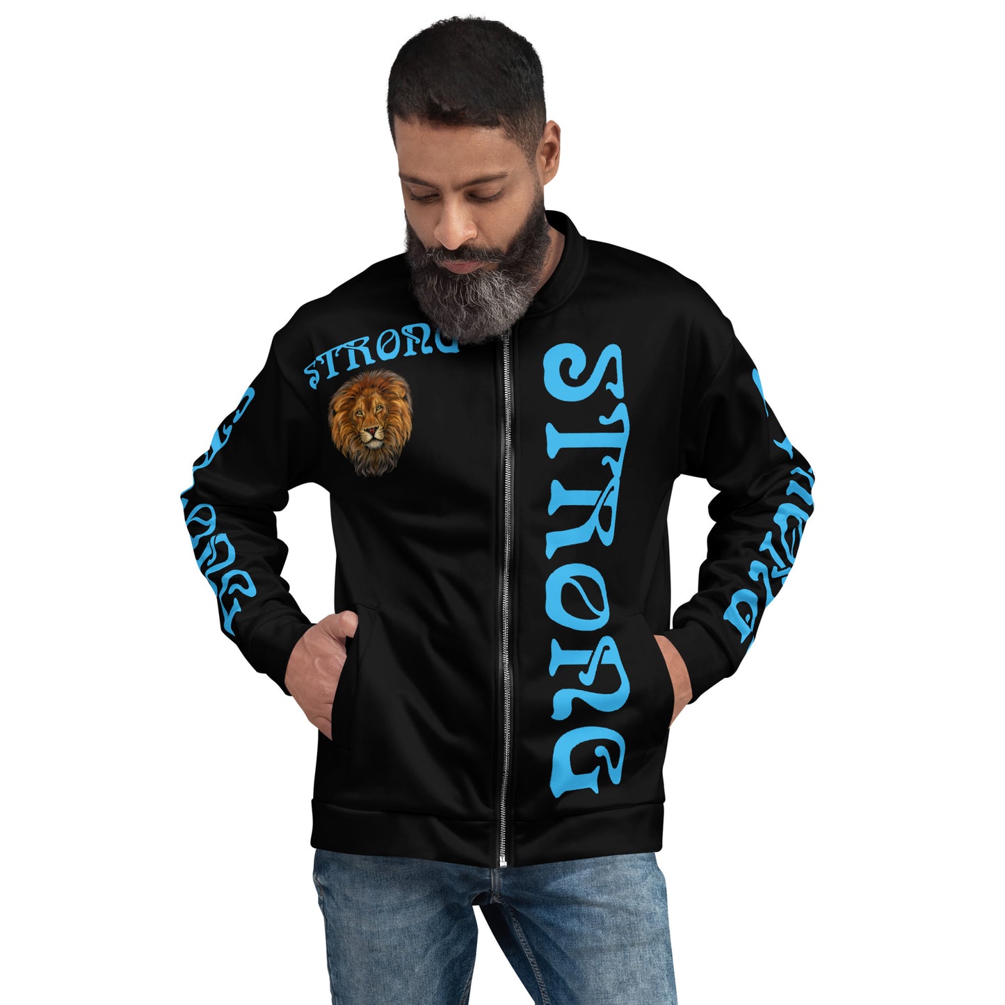 “STRONG”Black Unisex Bomber Jacket W/Double-Sided SkyBlue Font