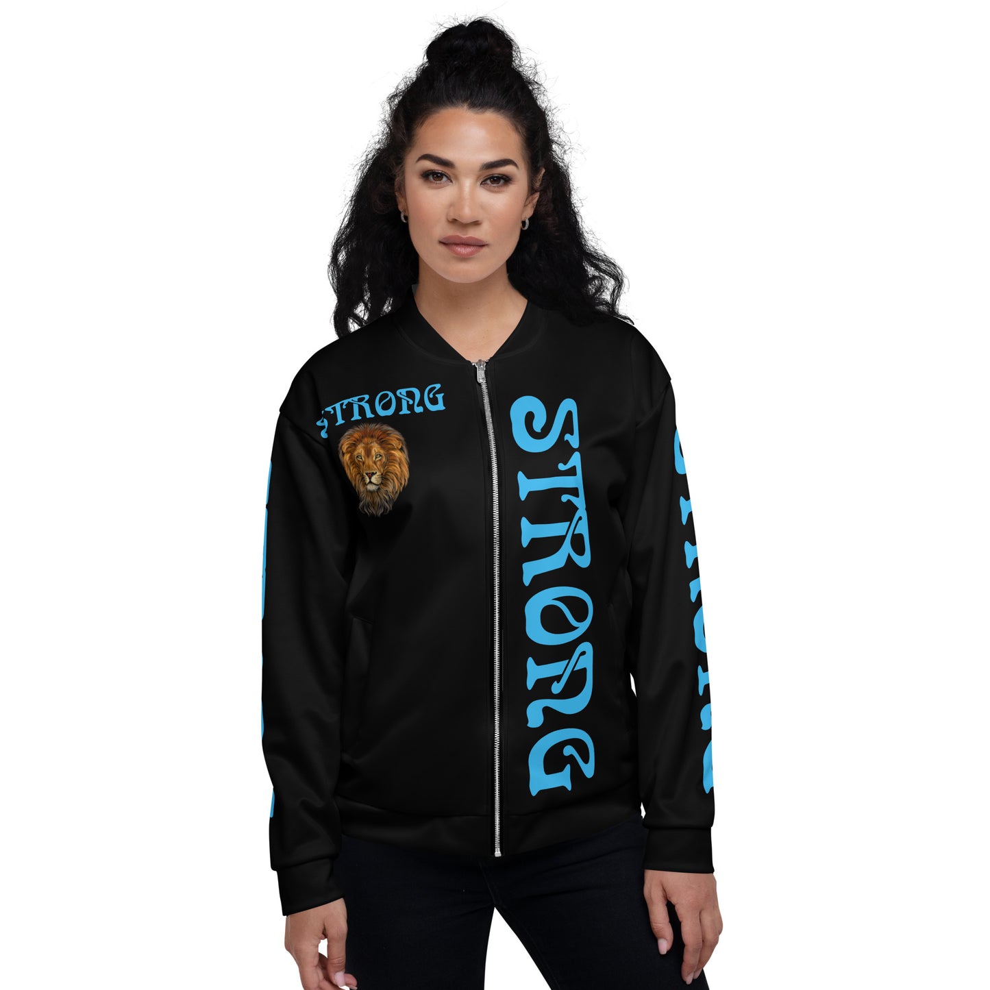 “STRONG”Black Unisex Bomber Jacket W/Double-Sided SkyBlue Font