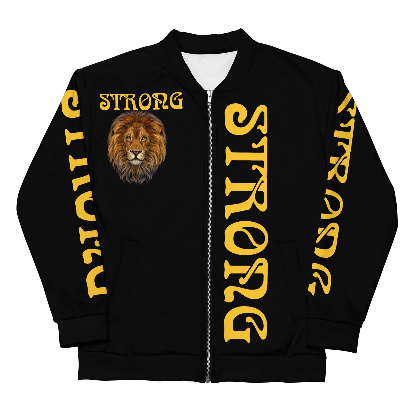 “STRONG”Black Unisex Bomber Jacket W/Double-Sided Yellow Font