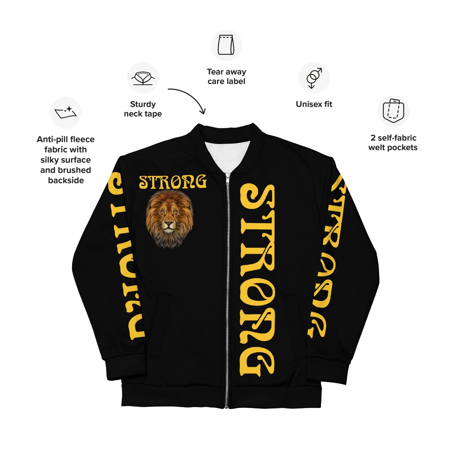 “STRONG”Black Unisex Bomber Jacket W/Double-Sided Yellow Font