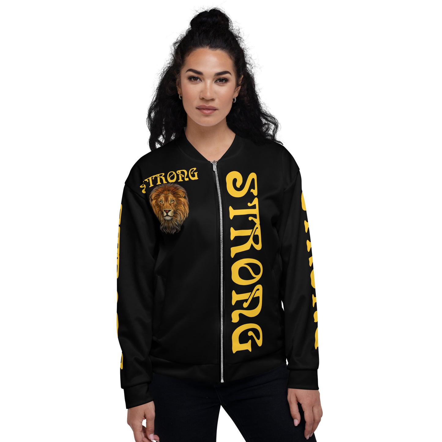 “STRONG”Black Unisex Bomber Jacket W/Double-Sided Yellow Font