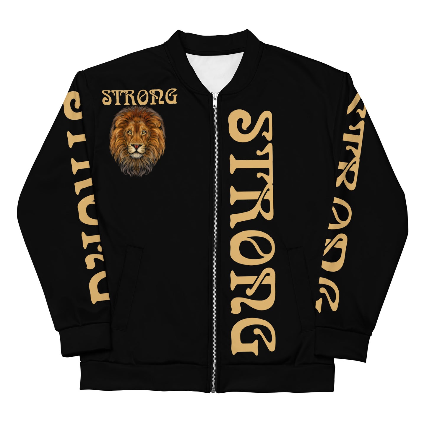 “STRONG”Black Unisex Bomber Jacket W/Double-Sided Fawn Font