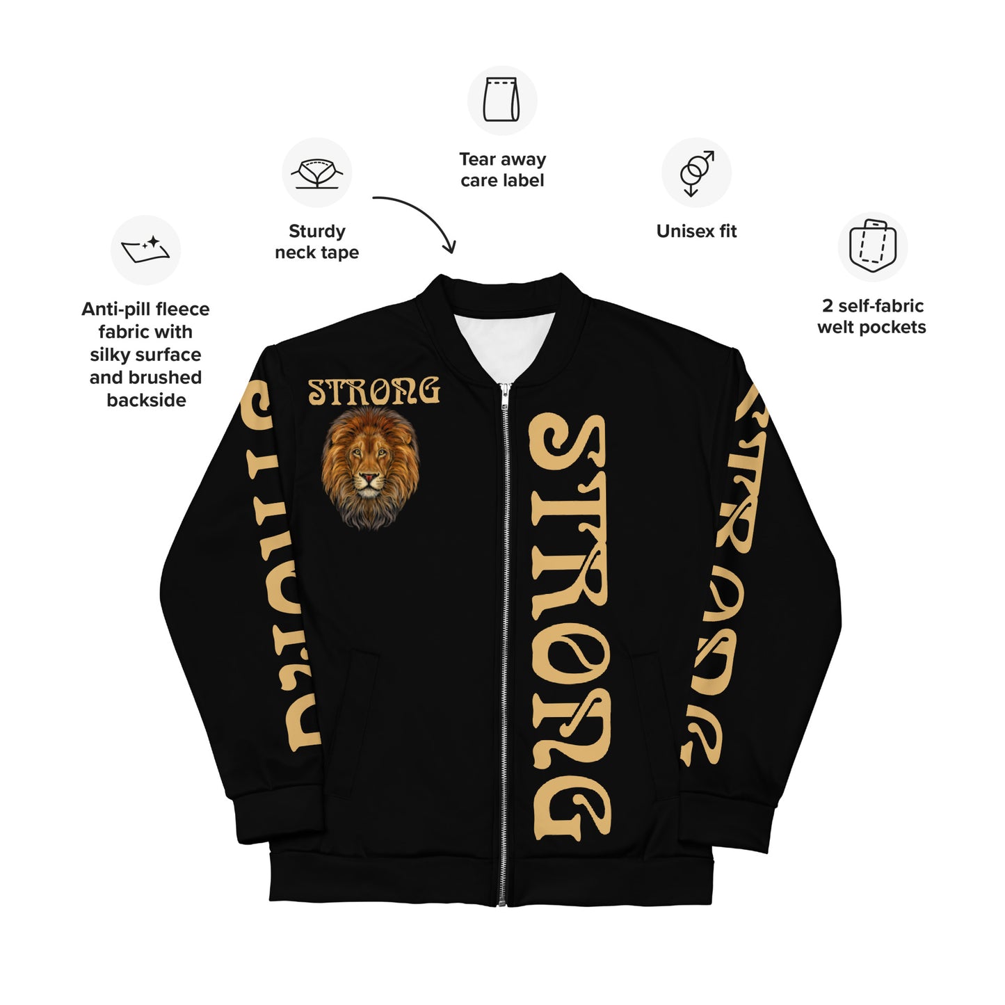 “STRONG”Black Unisex Bomber Jacket W/Double-Sided Fawn Font