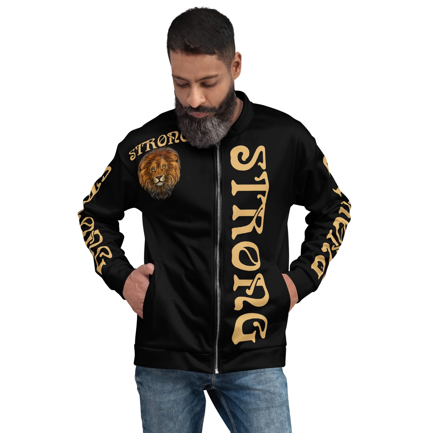 “STRONG”Black Unisex Bomber Jacket W/Double-Sided Fawn Font