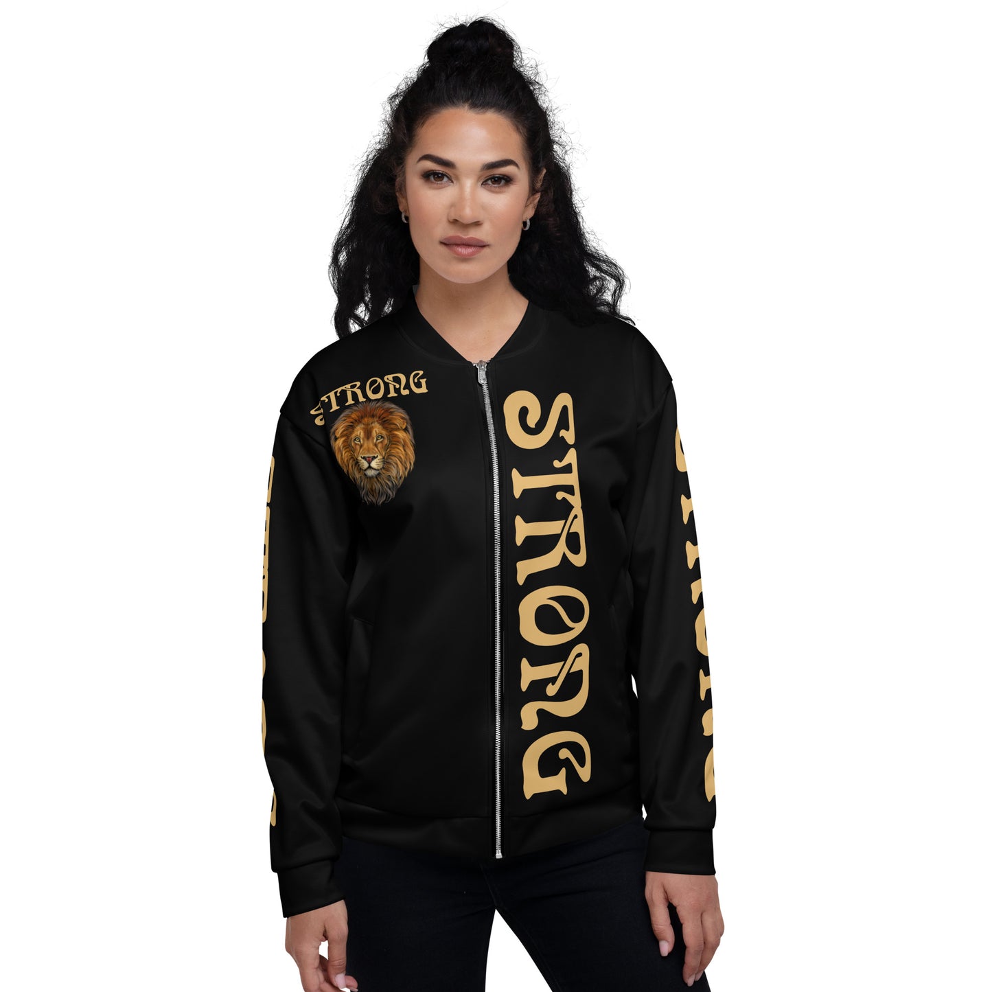 “STRONG”Black Unisex Bomber Jacket W/Double-Sided Fawn Font