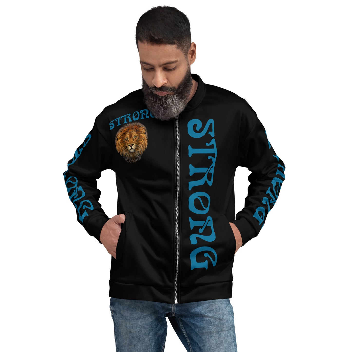 “STRONG”Black Unisex Bomber Jacket W/Cerulean Font