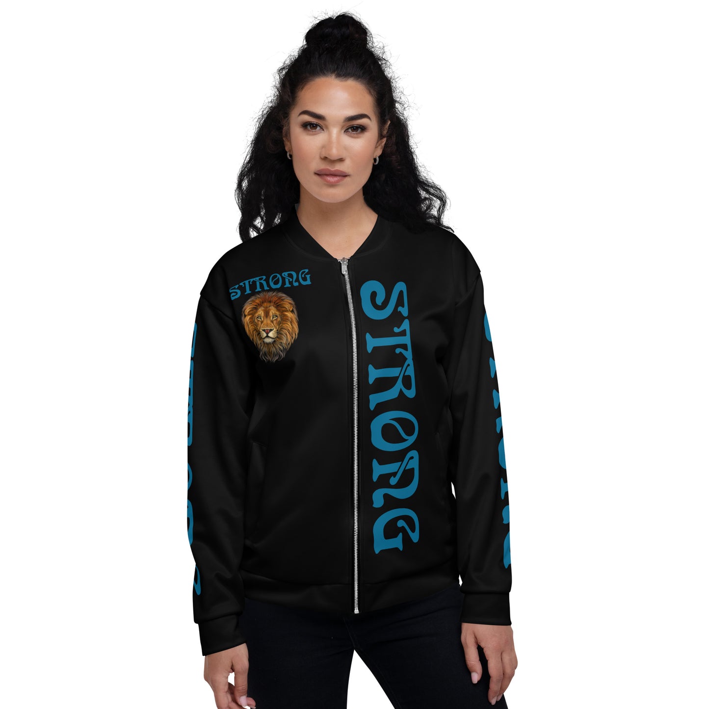 “STRONG”Black Unisex Bomber Jacket W/Cerulean Font
