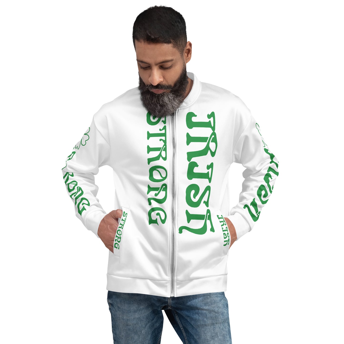 “STRONG IRISH”White Unisex Bomber Jacket W/Green Font