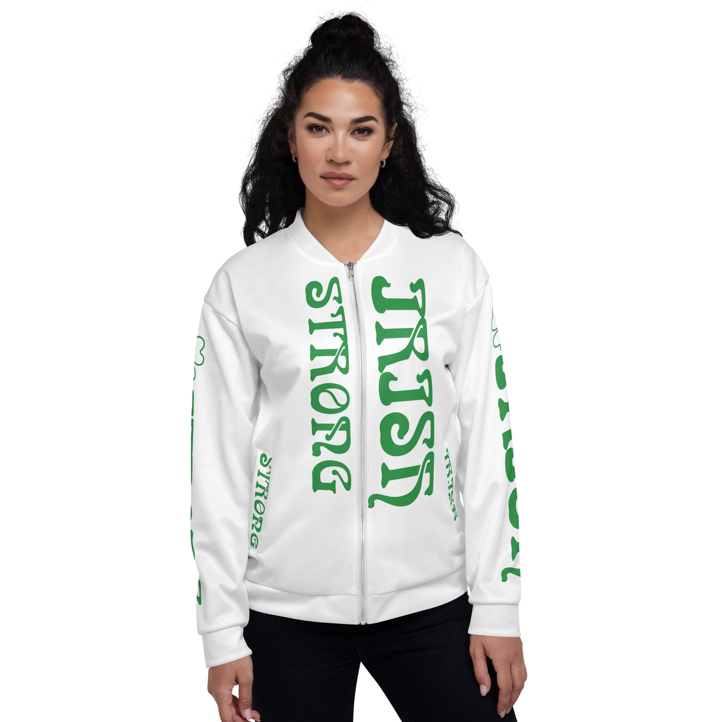 “STRONG IRISH”White Unisex Bomber Jacket W/Green Font