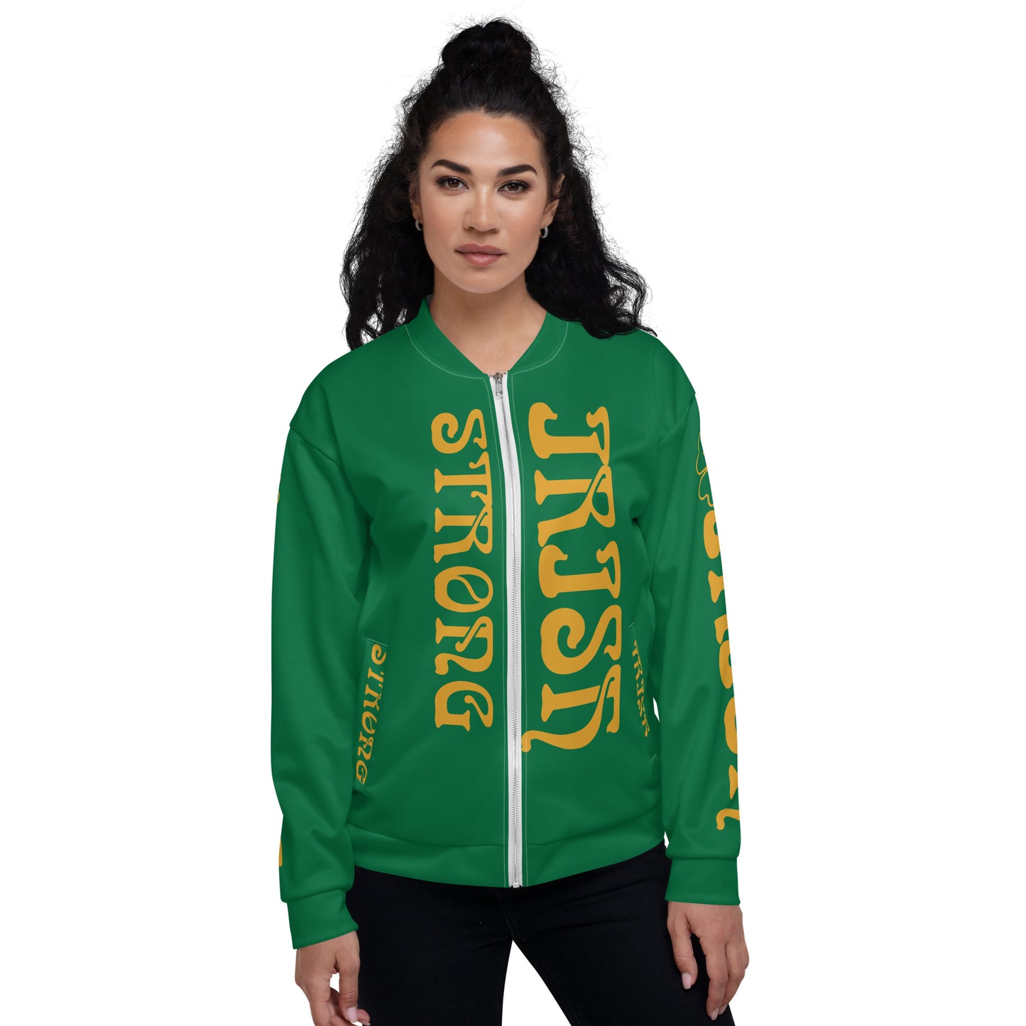 “STRONG IRISH” Green Unisex Bomber Jacket W/Bronze Font