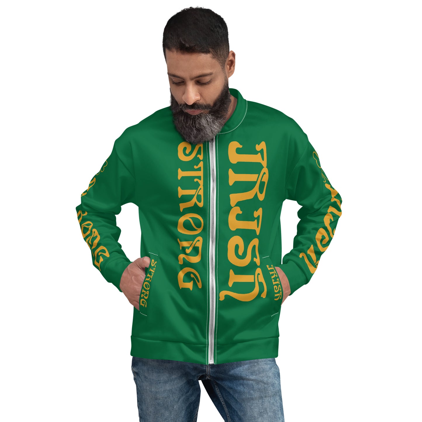 “STRONG IRISH” Green Unisex Bomber Jacket W/Bronze Font