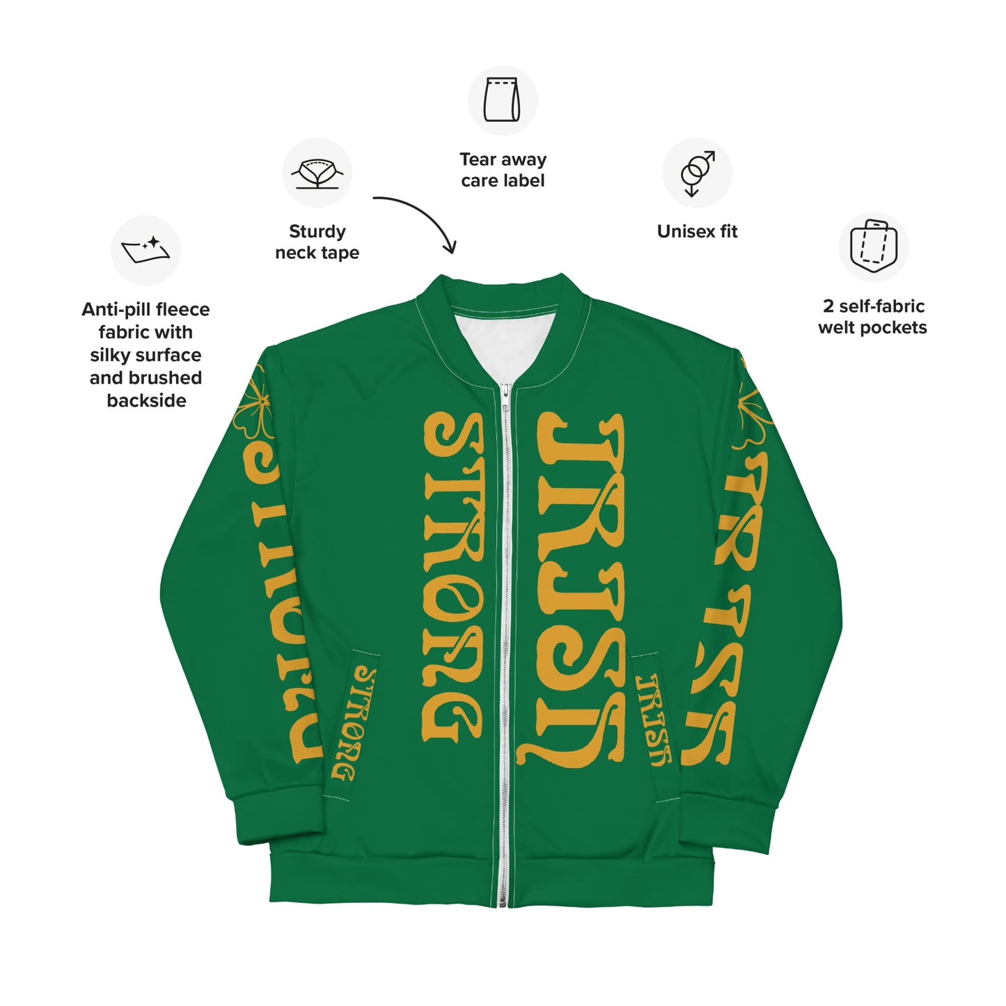“STRONG IRISH” Green Unisex Bomber Jacket W/Bronze Font