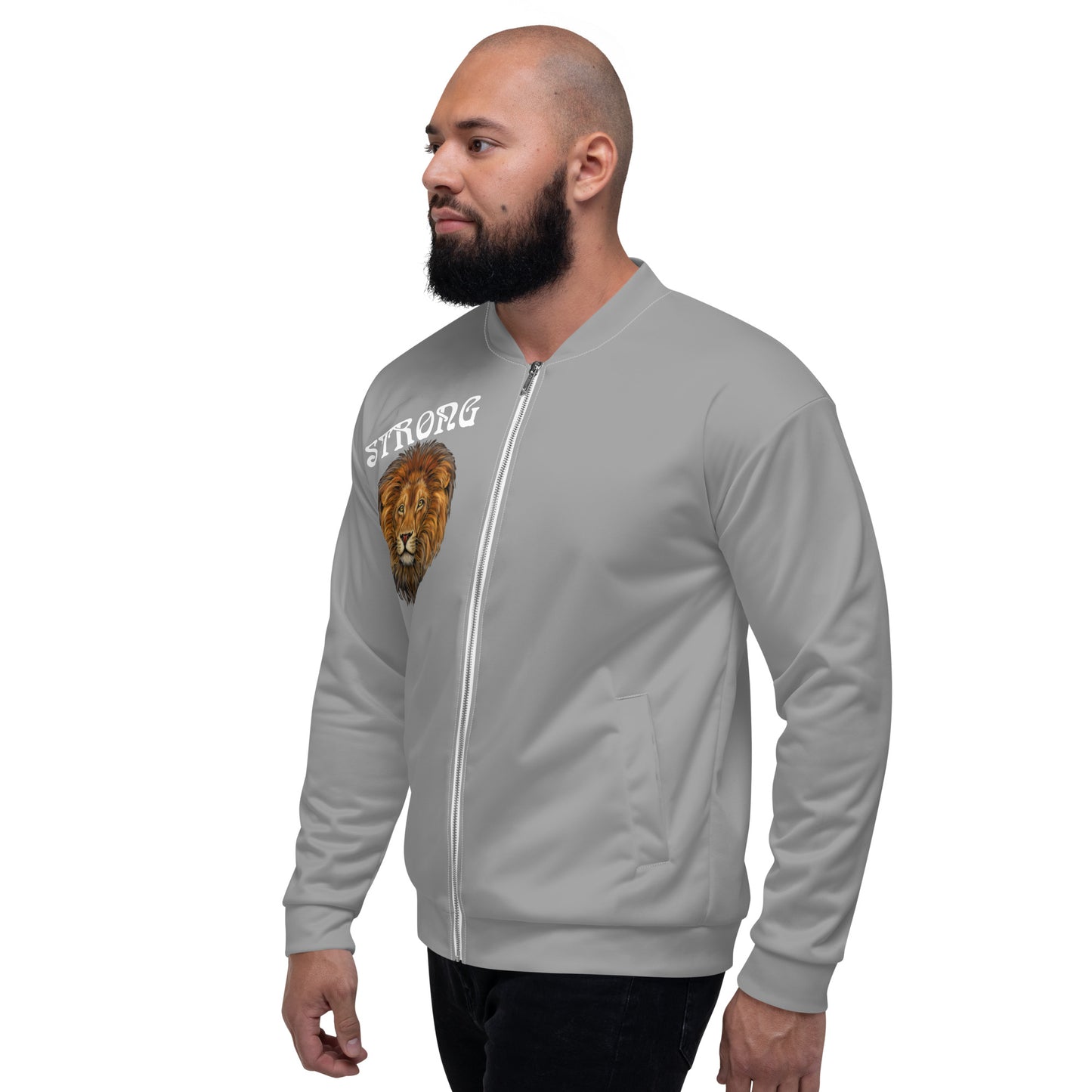 "STRONG"Grey Unisex Bomber Jacket W/White Font