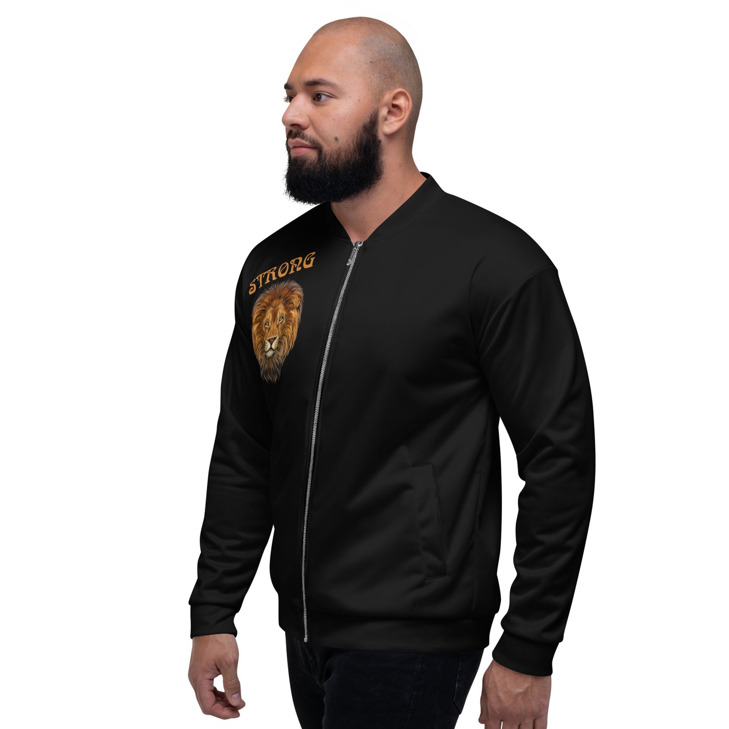 "STRONG"Black Unisex Bomber Jacket W/Bronze Font