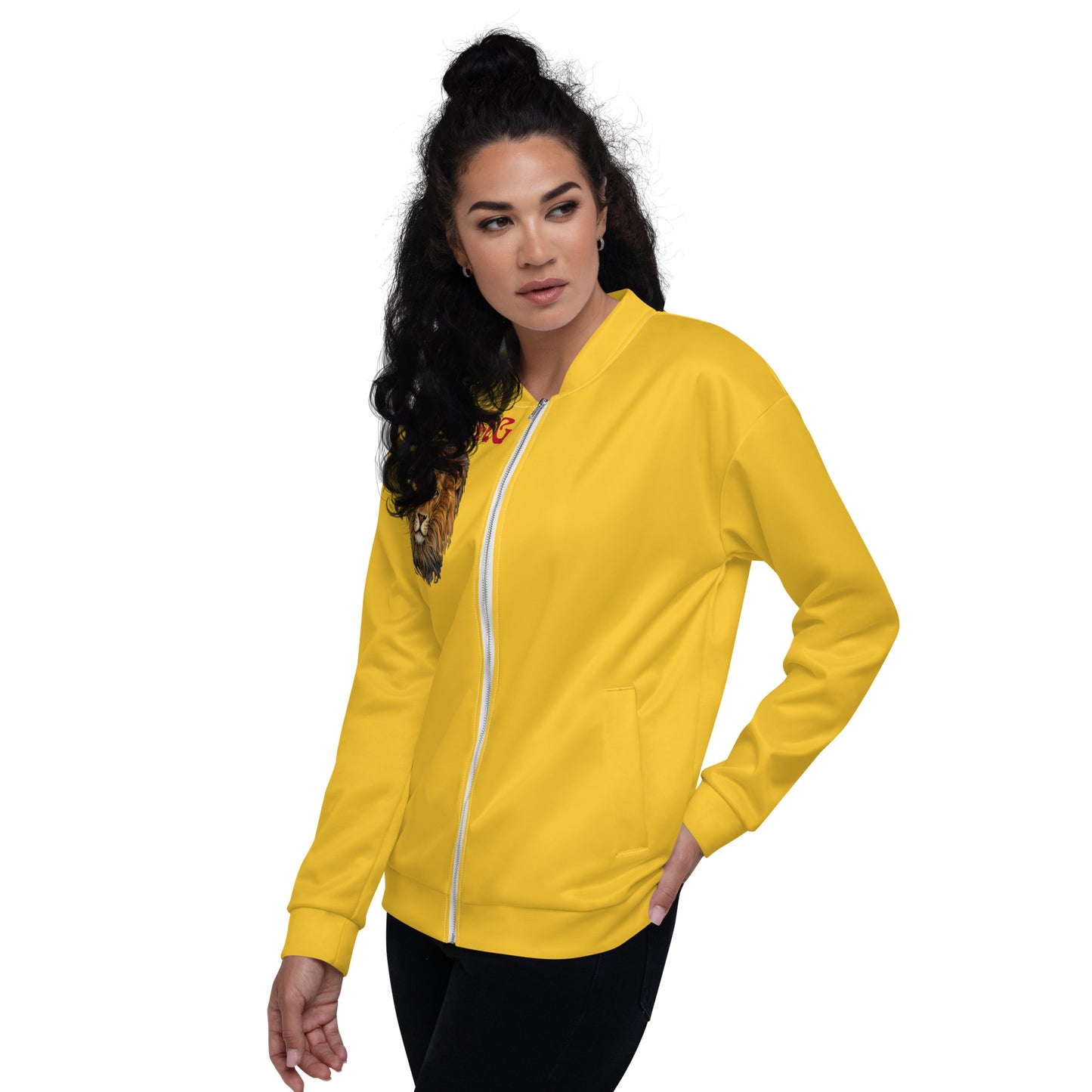 "STRONG"Yellow Unisex Bomber Jacket W/Red Font