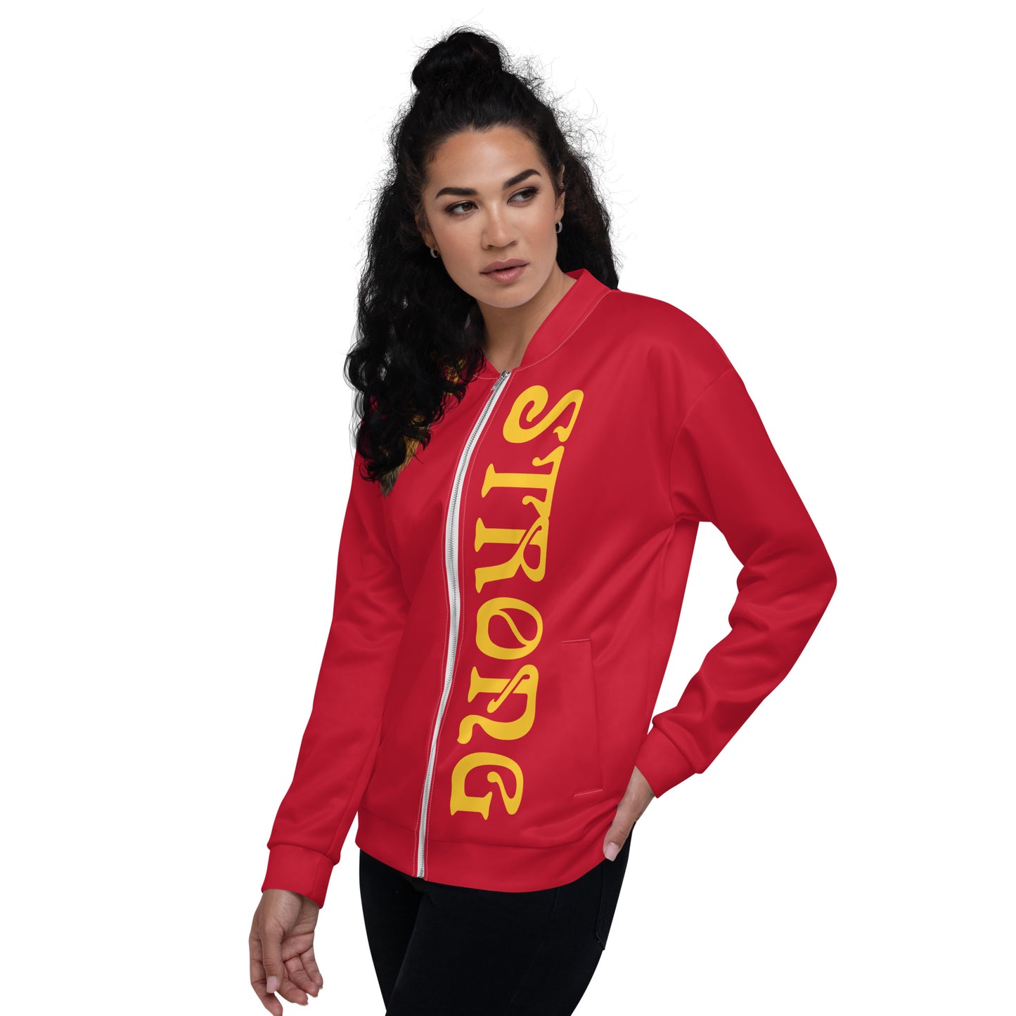 “I’AM STRONG”Red Unisex Bomber Jacket W/Yellow Font