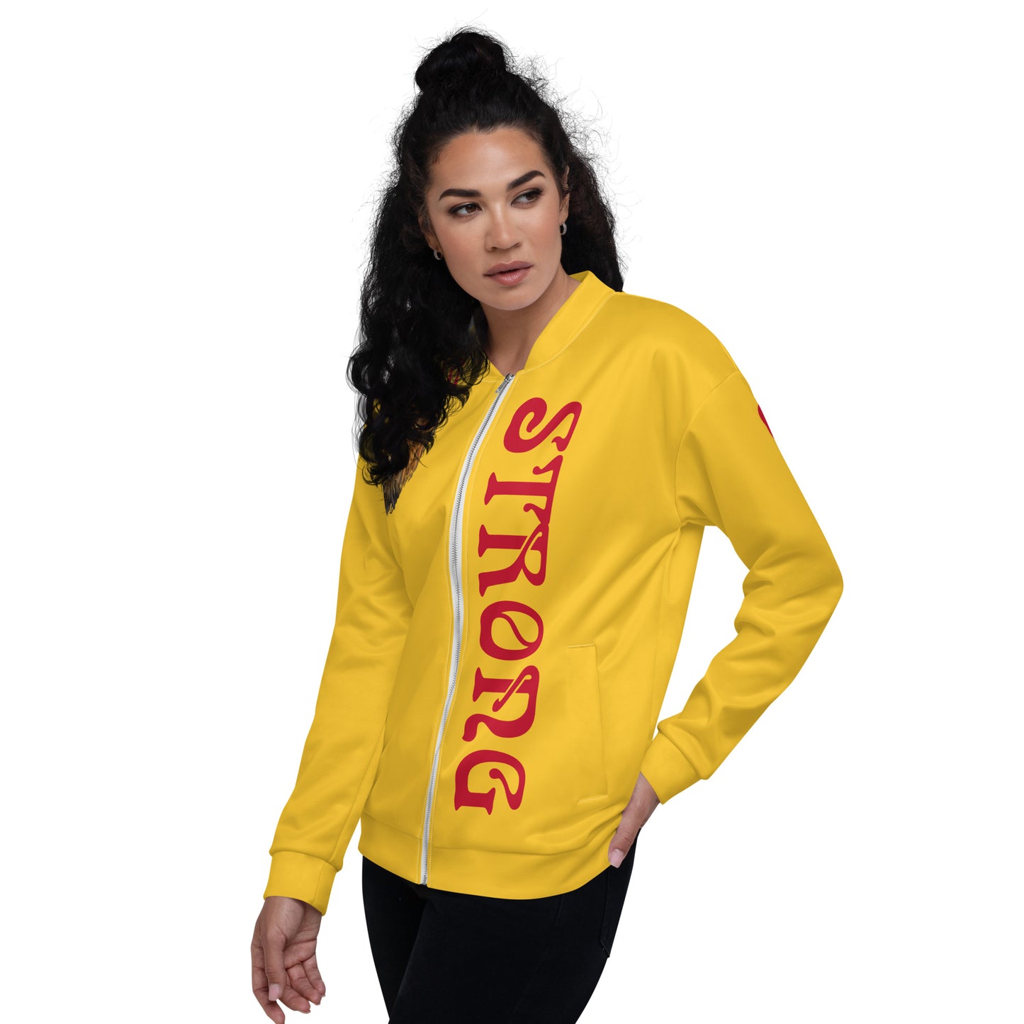 “I’AM STRONG”Yellow Unisex Bomber Jacket W/Red Font