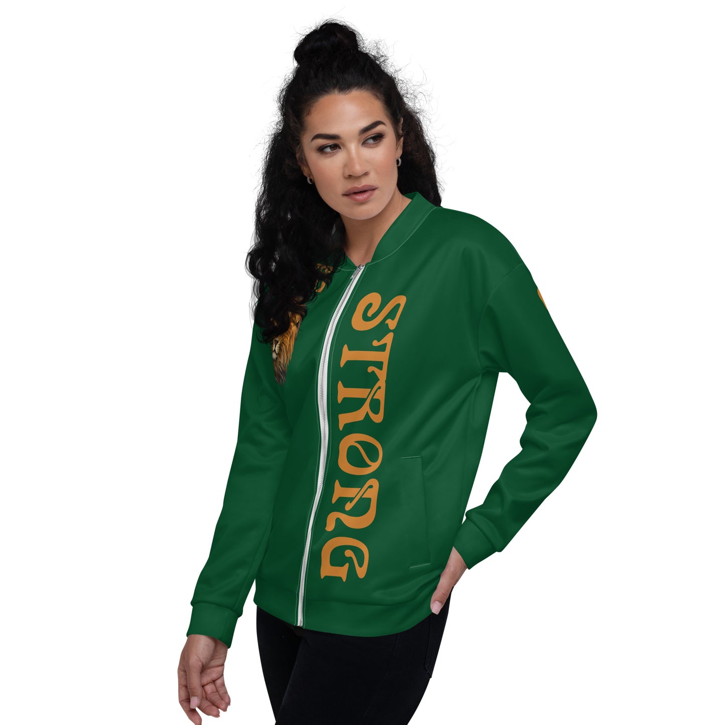 “I’AM STRONG”Green Unisex Bomber Jacket W/Bronze Font
