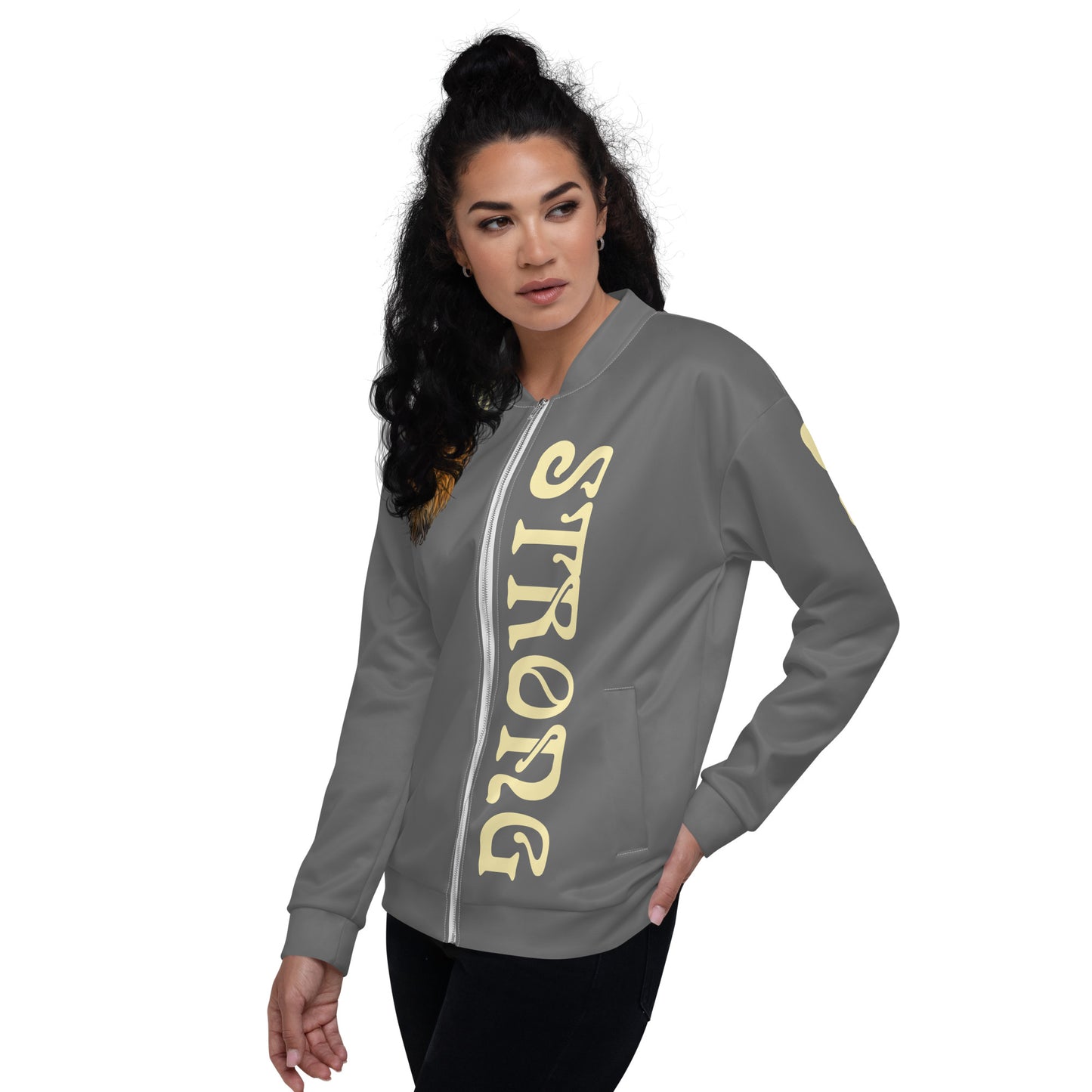 “I’AM STRONG”Grey Unisex Bomber Jacket W/Banana Font