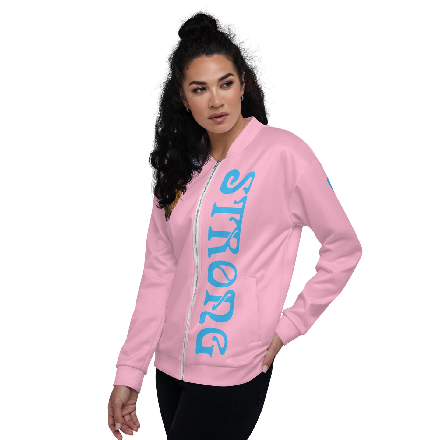 “I”AM STRONG”Cotton Candy Unisex Bomber Jacket W/SkyBlue Font