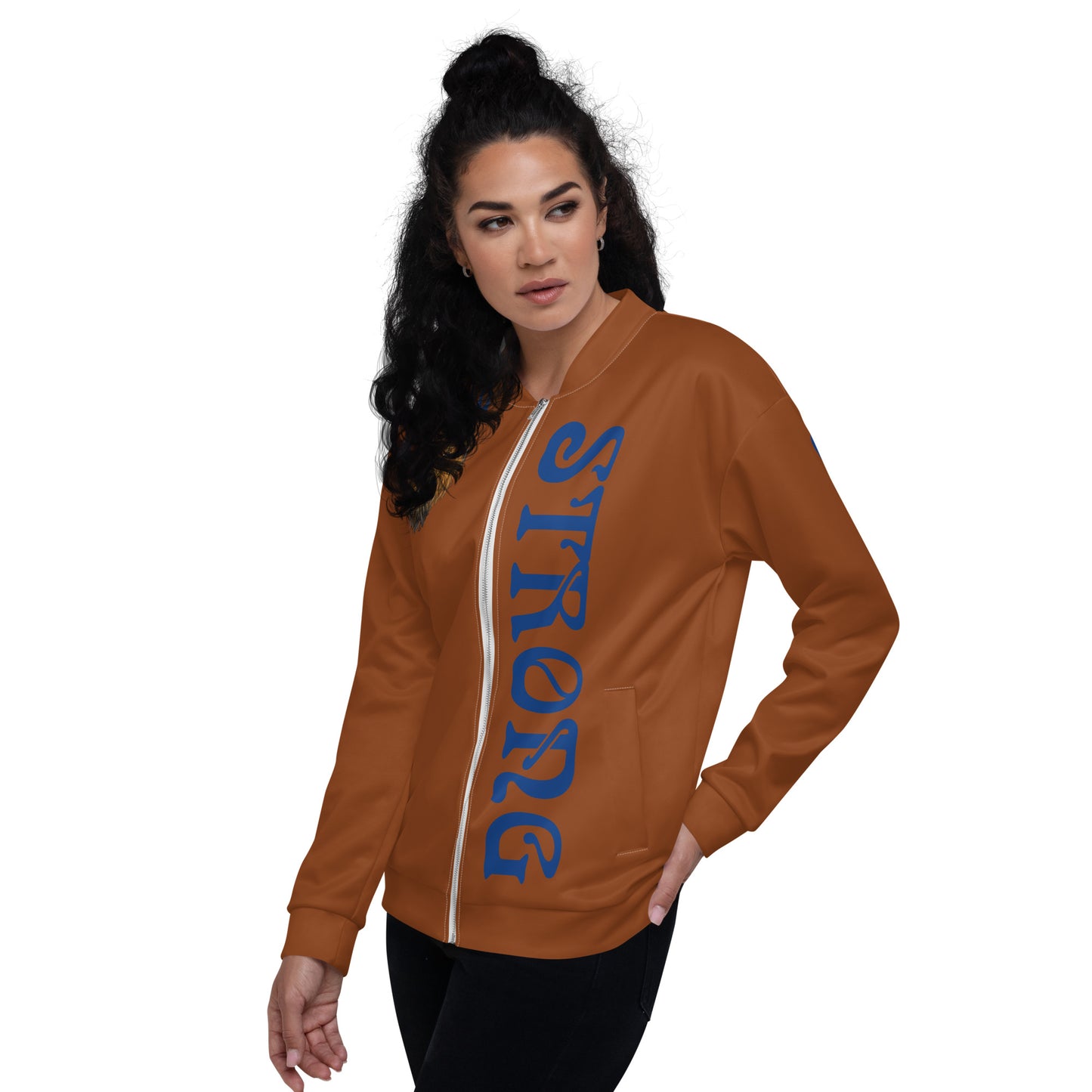 “I”AM STRONG”Brown Unisex Bomber Jacket W/Blue Font