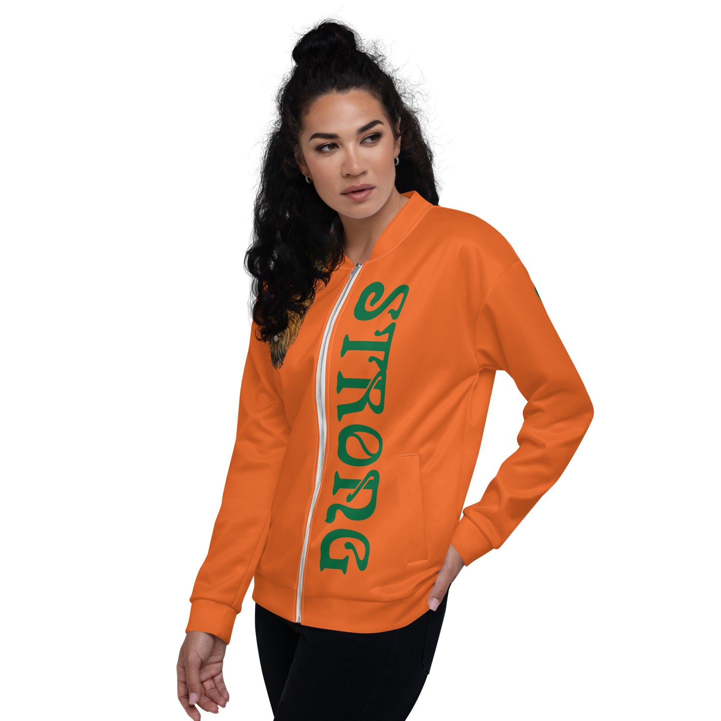 “I’AM STRONG”Orange Unisex Bomber Jacket W/Green Font