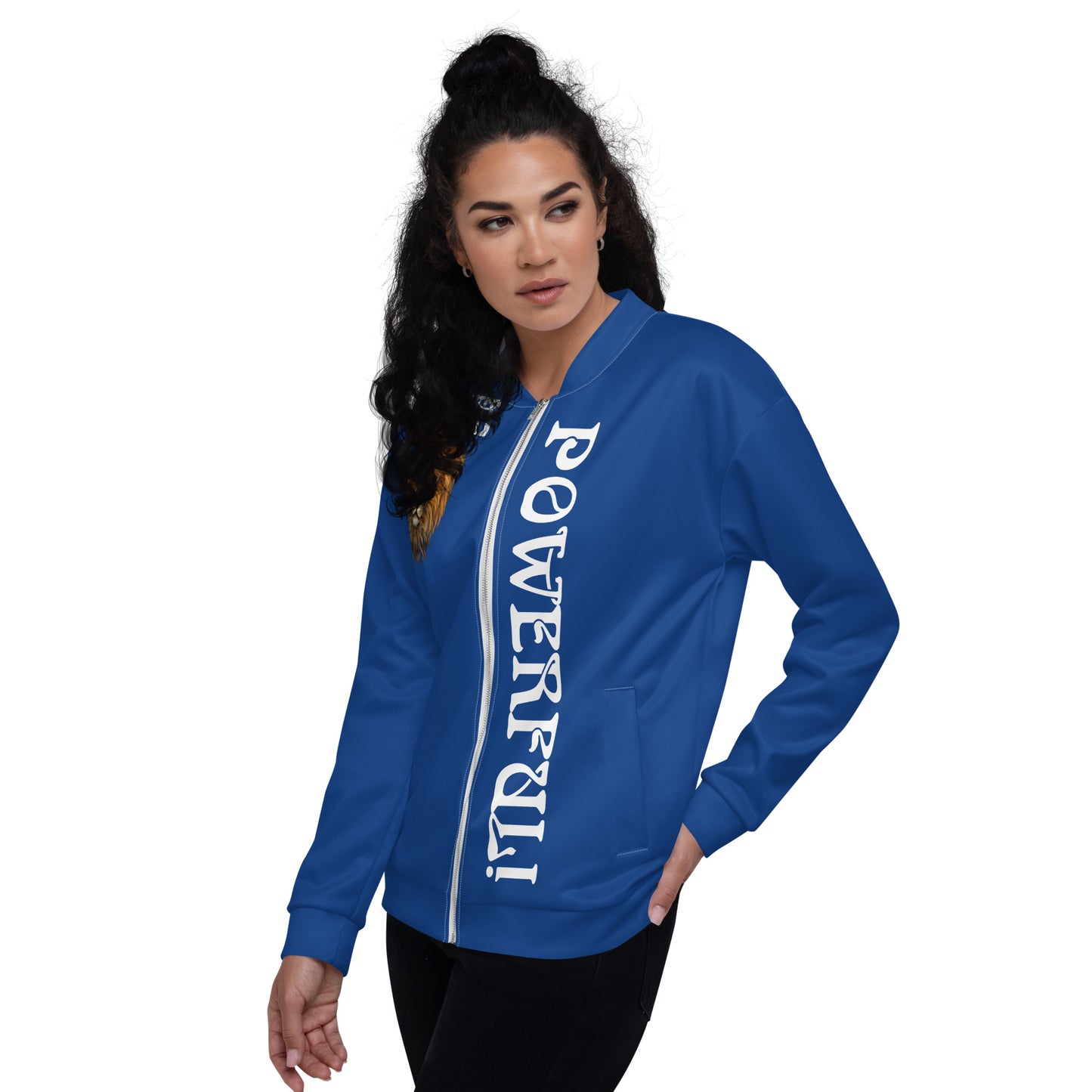 “POWERFUL!”Blue Unisex Bomber Jacket W/White Font