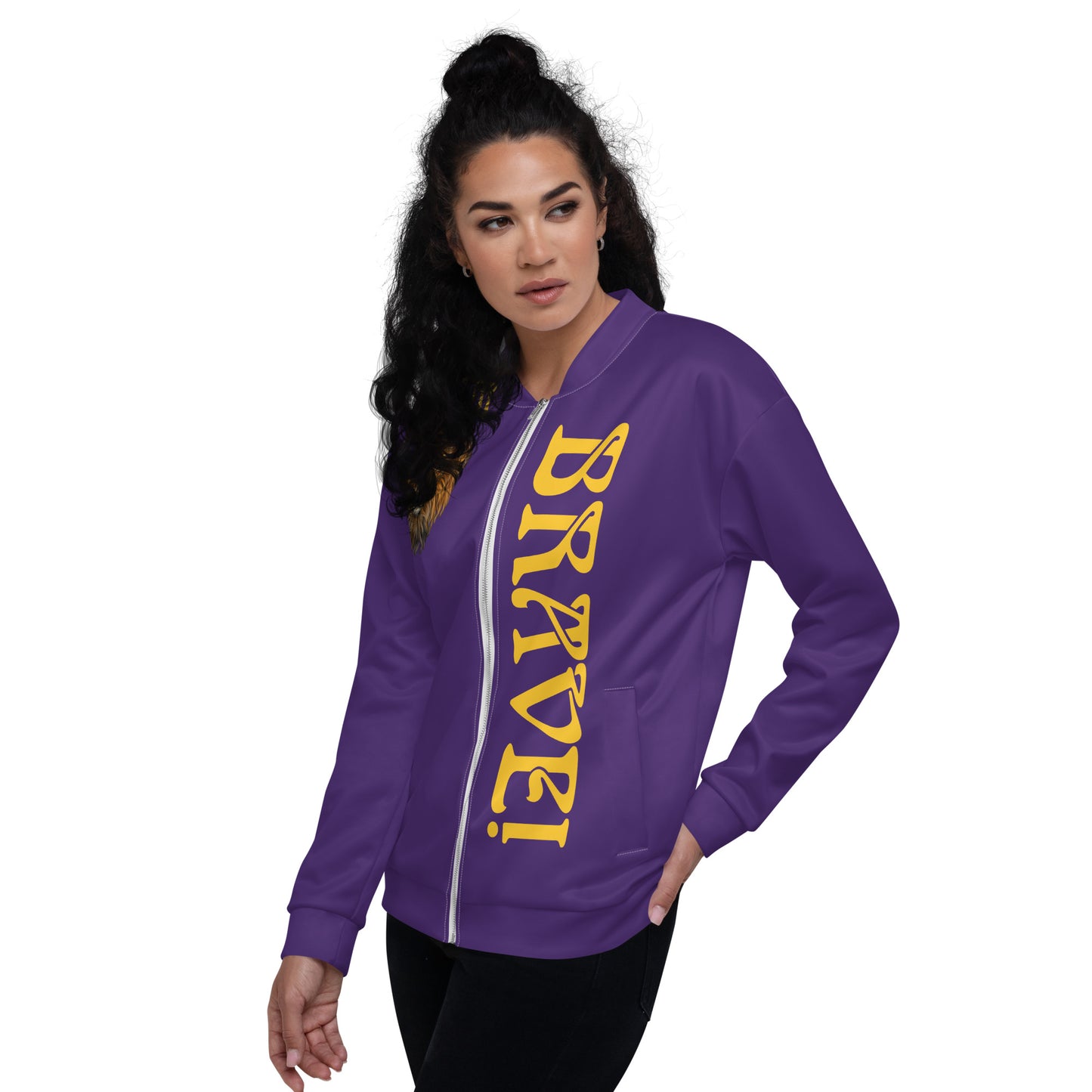 “IAM BRAVE!”Purple Unisex Bomber Jacket W/Yellow Font