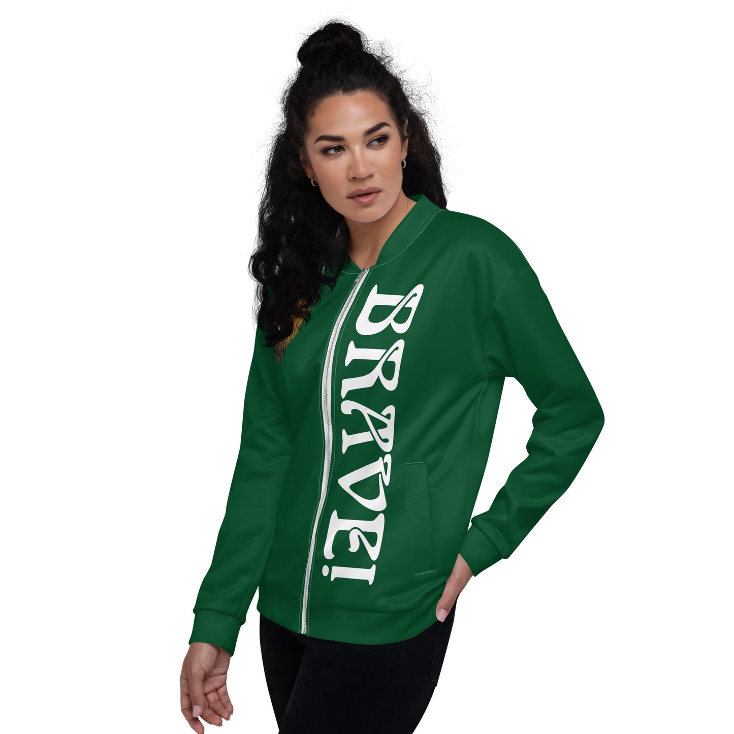 “IAM BRAVE!”Green Unisex Bomber Jacket W/White Font