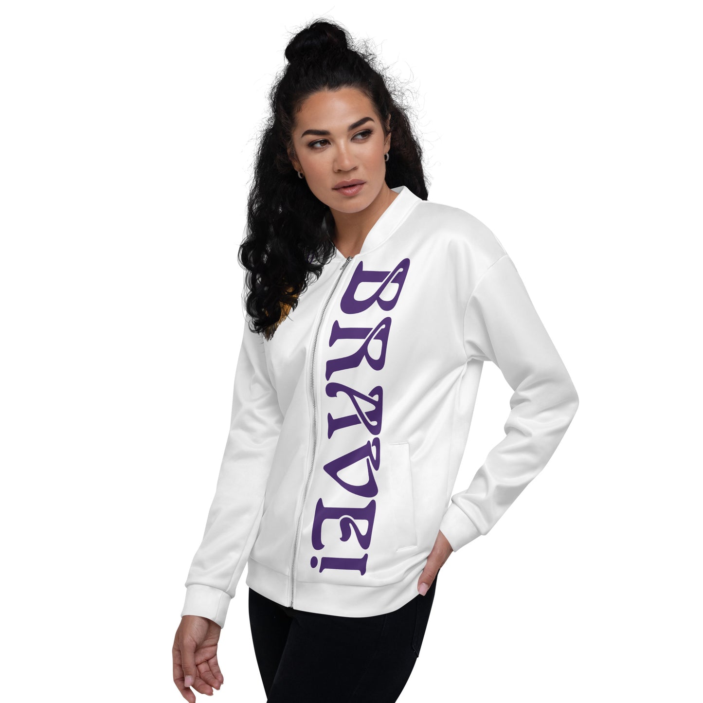 “IAM BRAVE!"White Unisex Bomber Jacket W/Purple Font