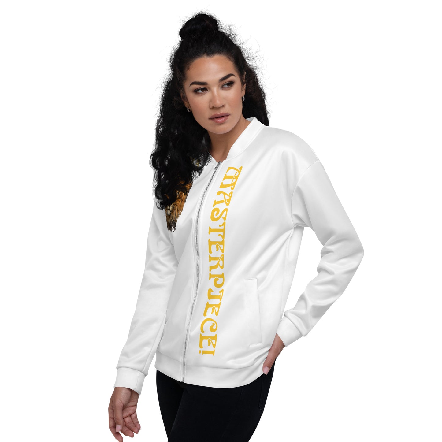 “IAM A MASTERPIECE!”White Unisex Bomber Jacket W/Yellow Font