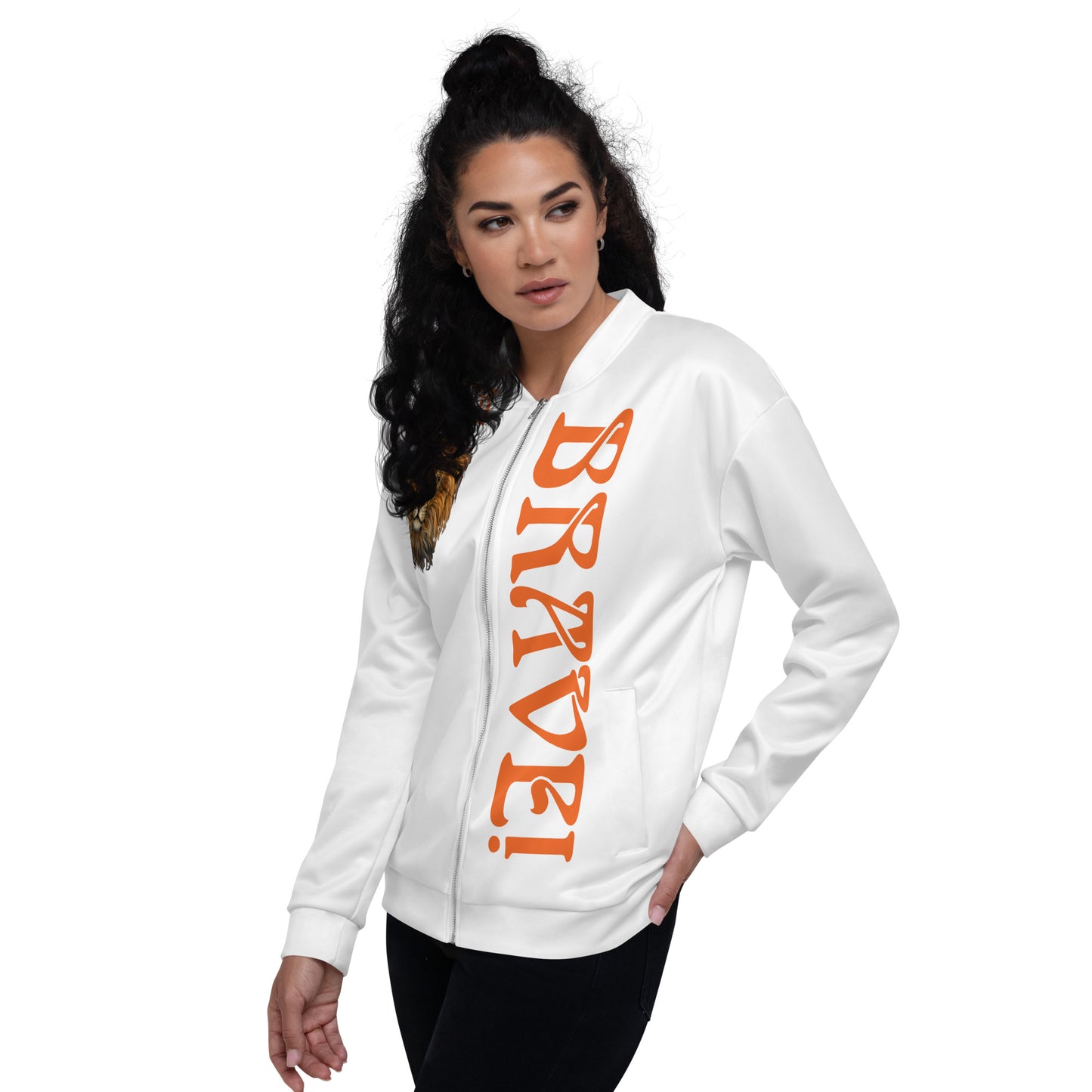 “IAM BRAVE!"White Unisex Bomber Jacket W/Orange Font