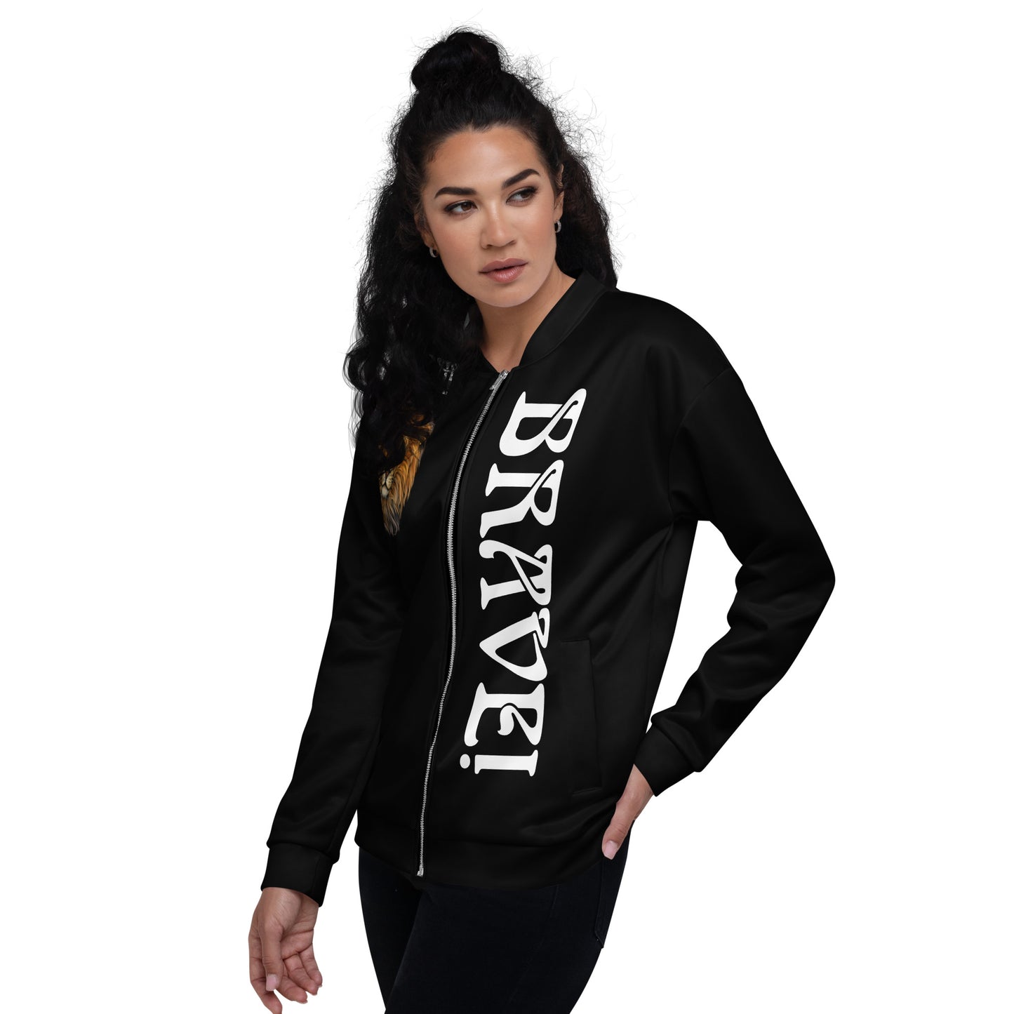 “IAM BRAVE!"Black Unisex Bomber Jacket W/White Font
