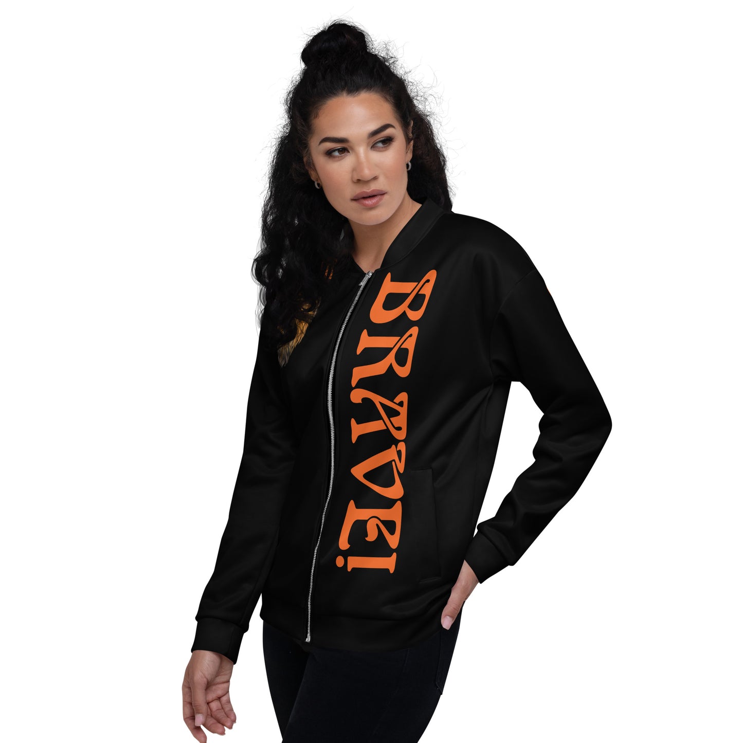 “IAM BRAVE!"Black Unisex Bomber Jacket W/Orange Font