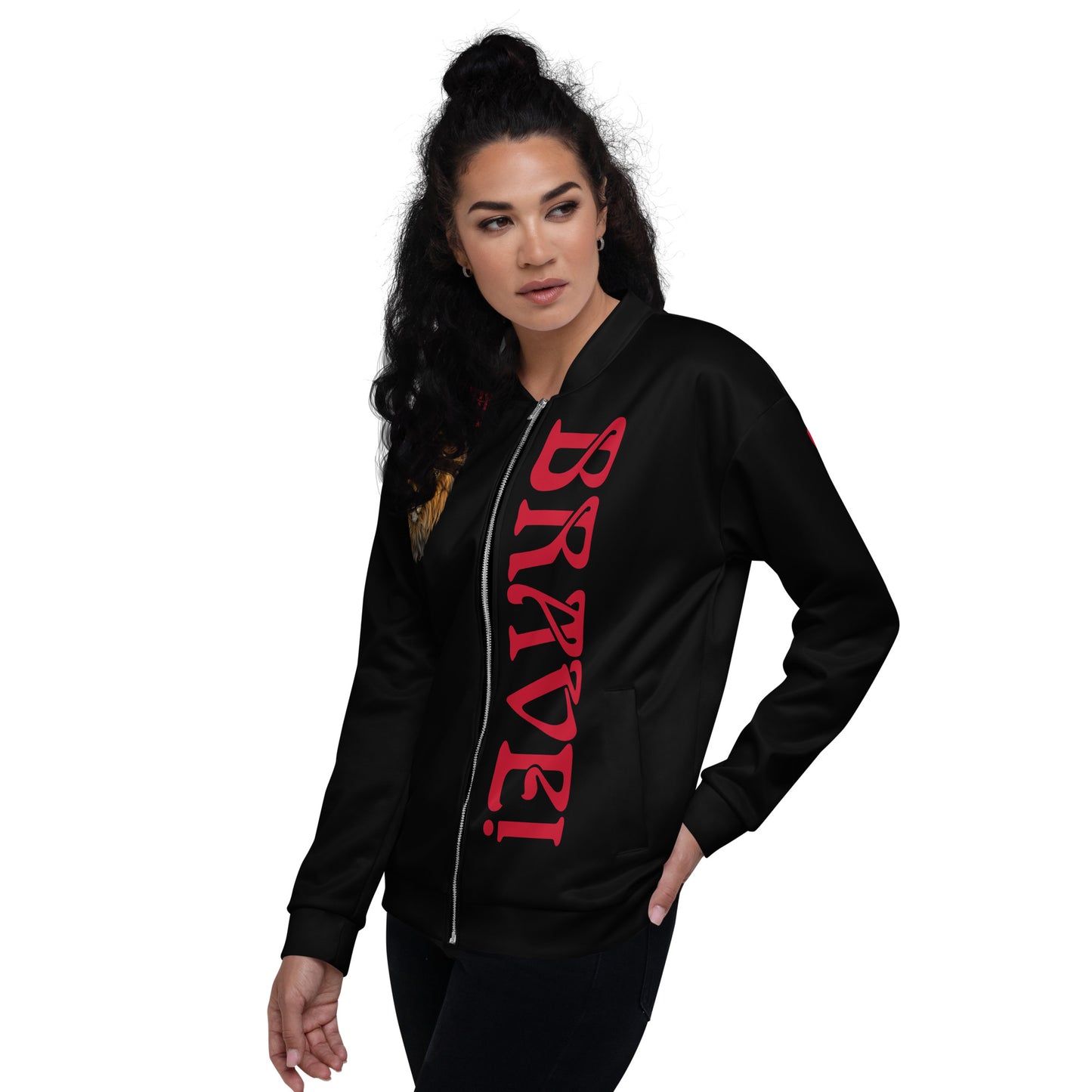 “IAM BRAVE!"Black Unisex Bomber Jacket W/Red Font
