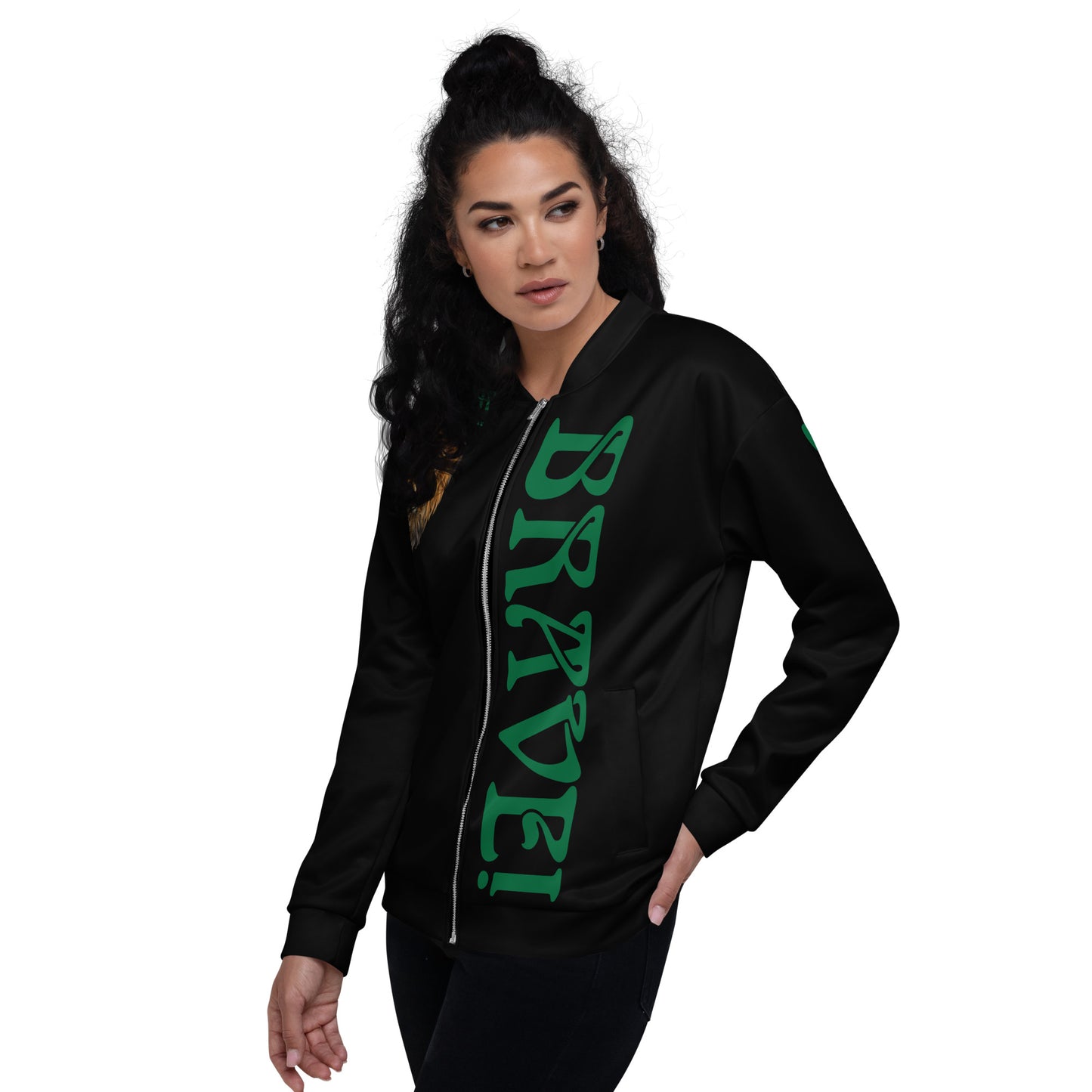 “IAM BRAVE!"Black Unisex Bomber Jacket W/Green Font