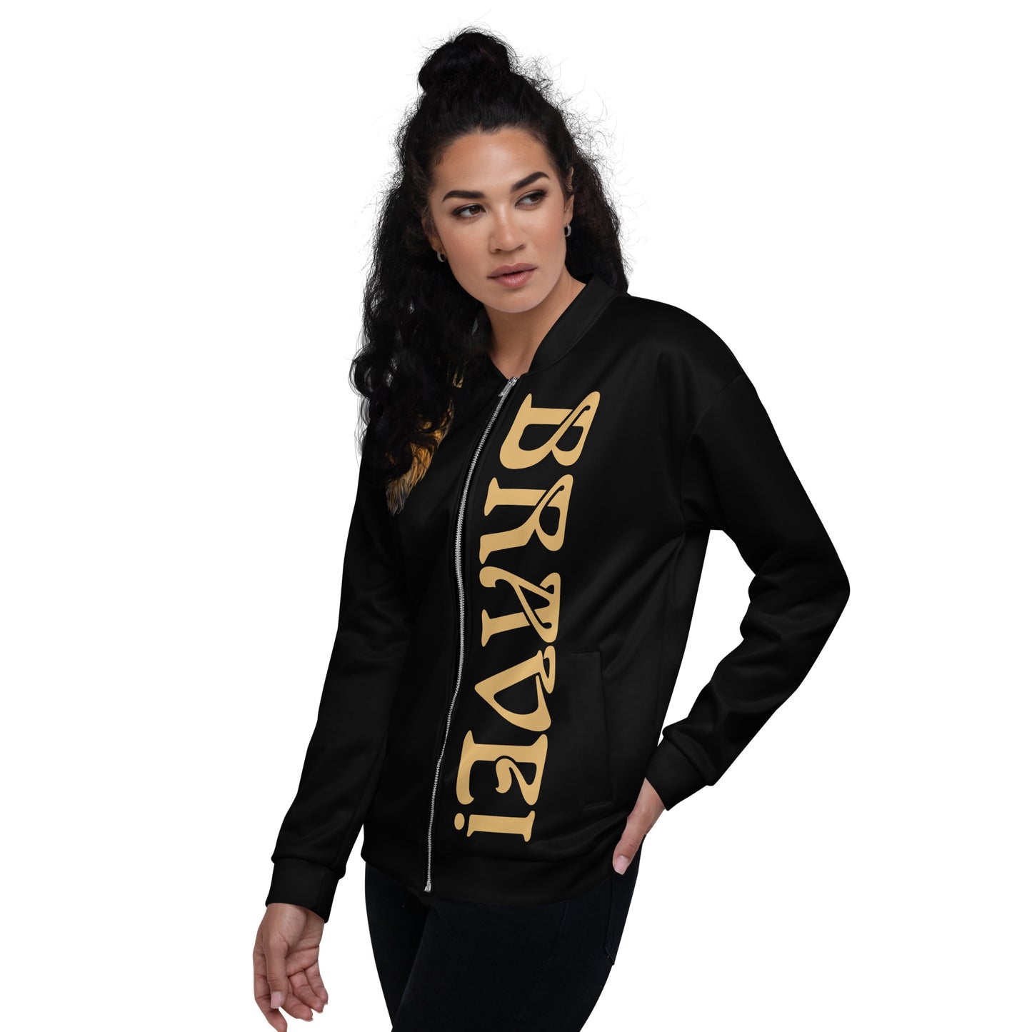“IAM BRAVE!"Black Unisex Bomber Jacket W/Fawn Font