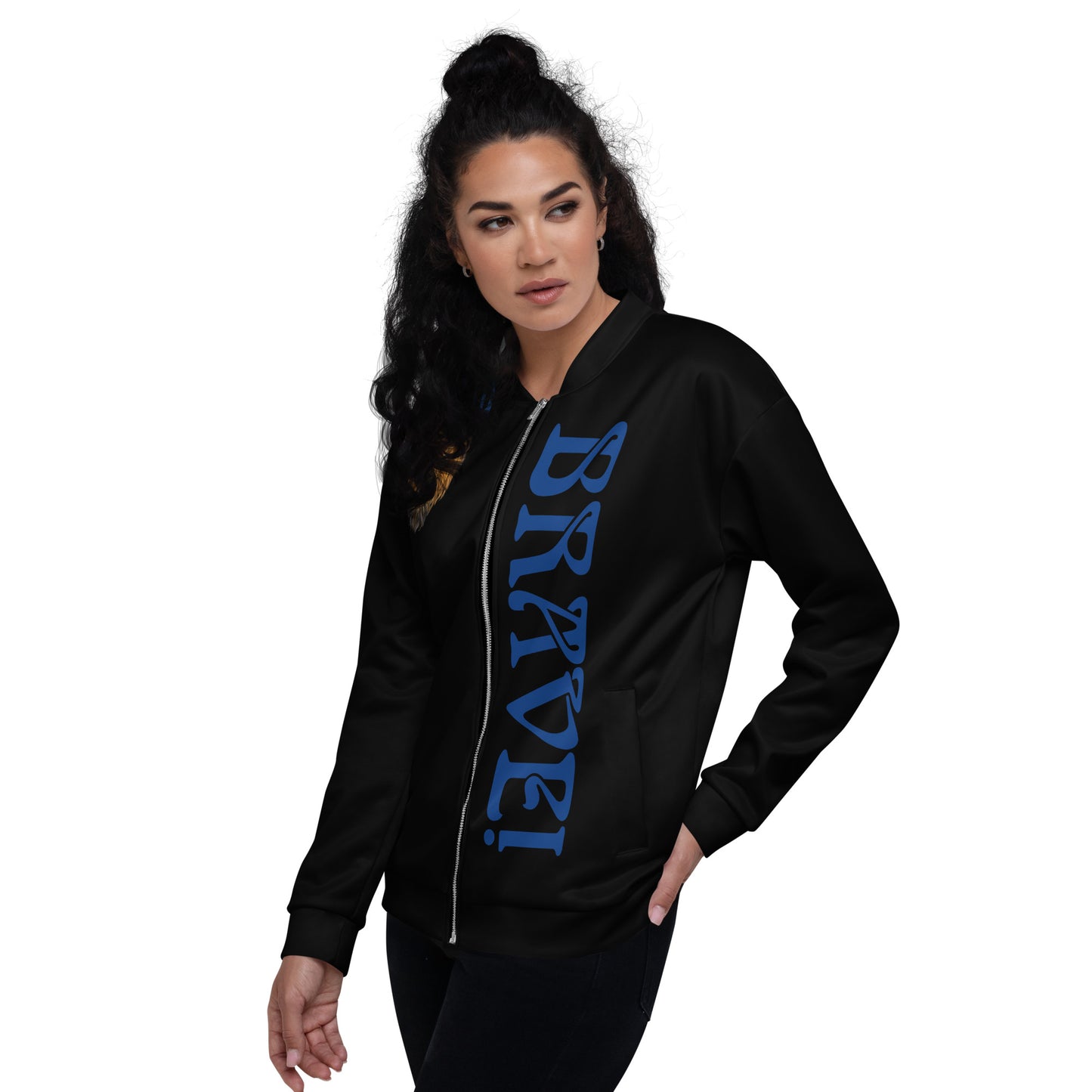 “IAM BRAVE!"Black Unisex Bomber Jacket W/Blue Font