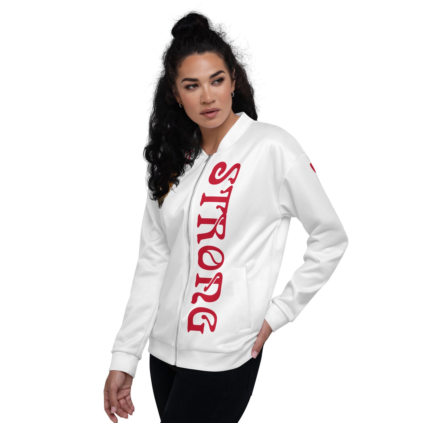 ‘I’AM STRONG!”White Unisex Bomber Jacket W/Red Font