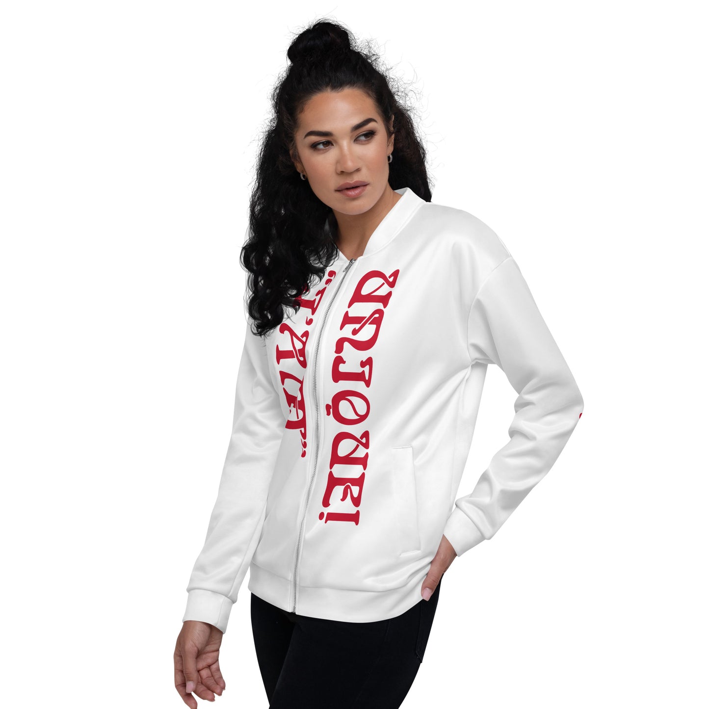 “I’AM UNIQUE!”White Unisex Bomber Jacket W/Red Font