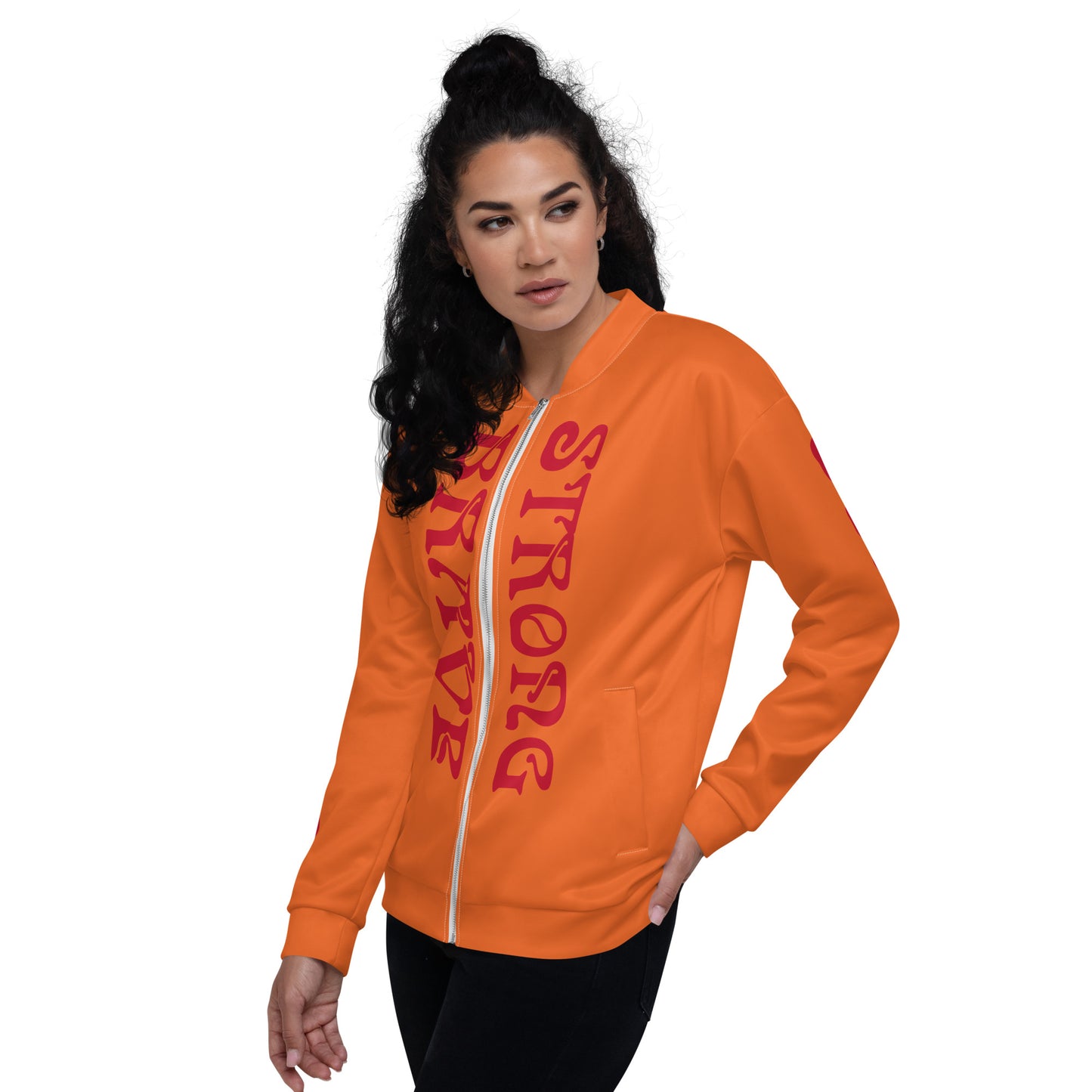 “BRAVE,STRONG”Orange Unisex Bomber Jacket W/Red Font