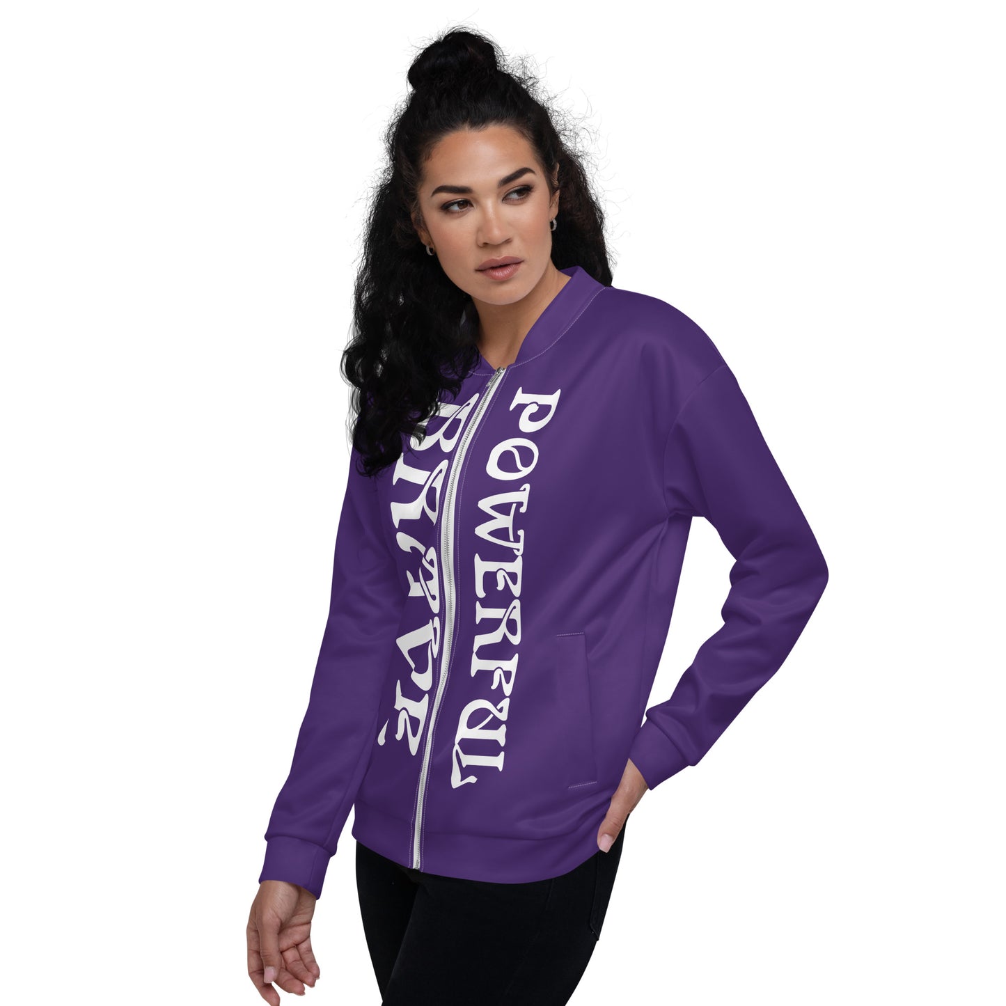 “BRAVE,POWERFUL”Purple Unisex Bomber Jacket W/White Font