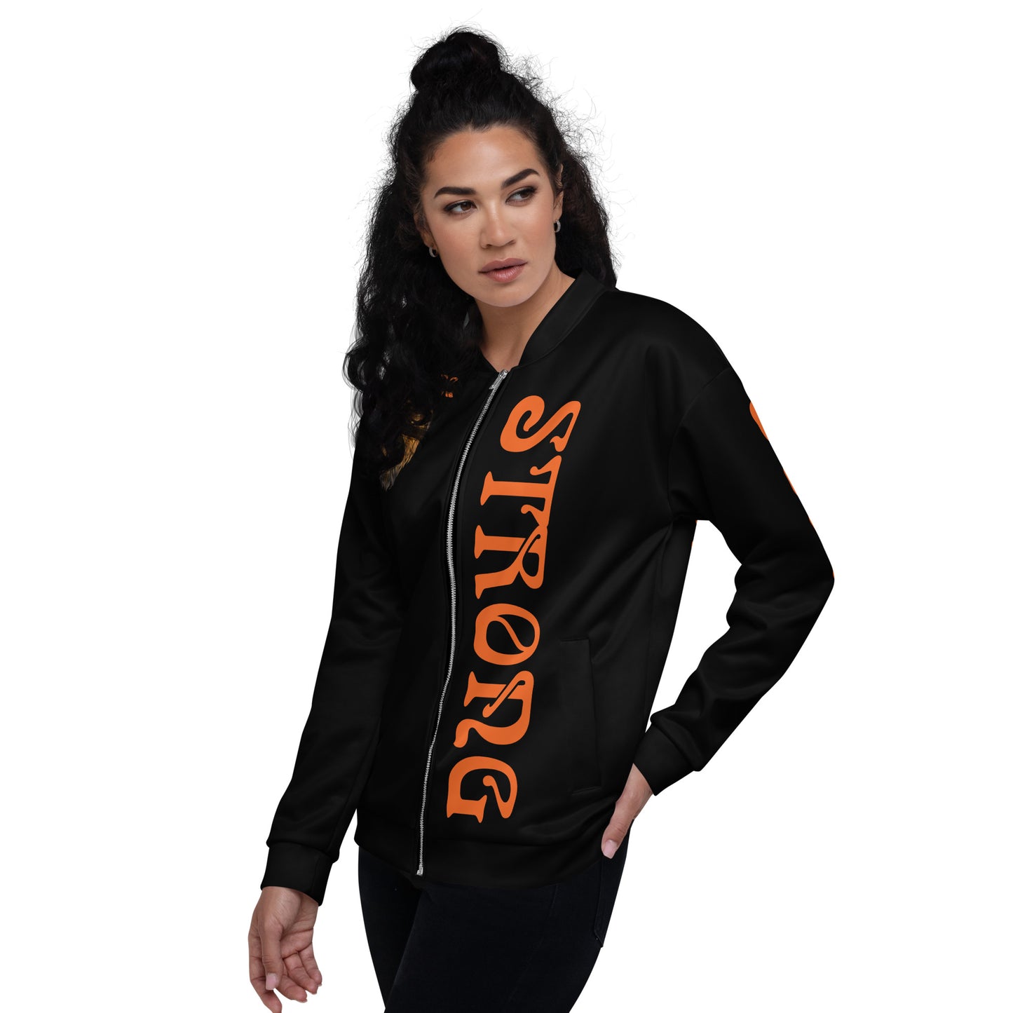 “STRONG”Black Unisex Bomber Jacket W/Double-Sided Orange Font