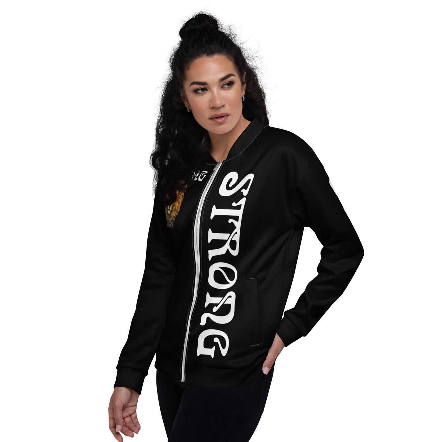 “STRONG”Black Unisex Bomber Jacket W/Double-Sided White Font