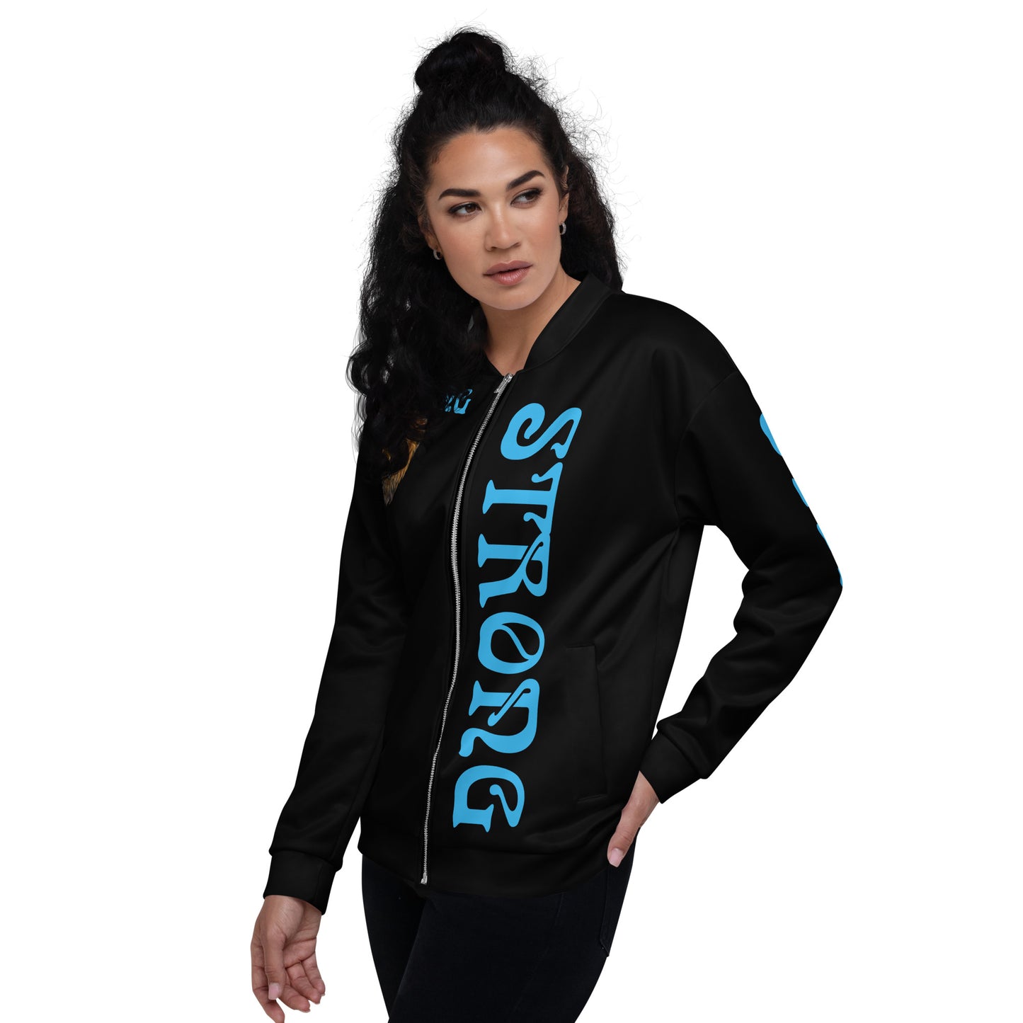 “STRONG”Black Unisex Bomber Jacket W/Double-Sided SkyBlue Font