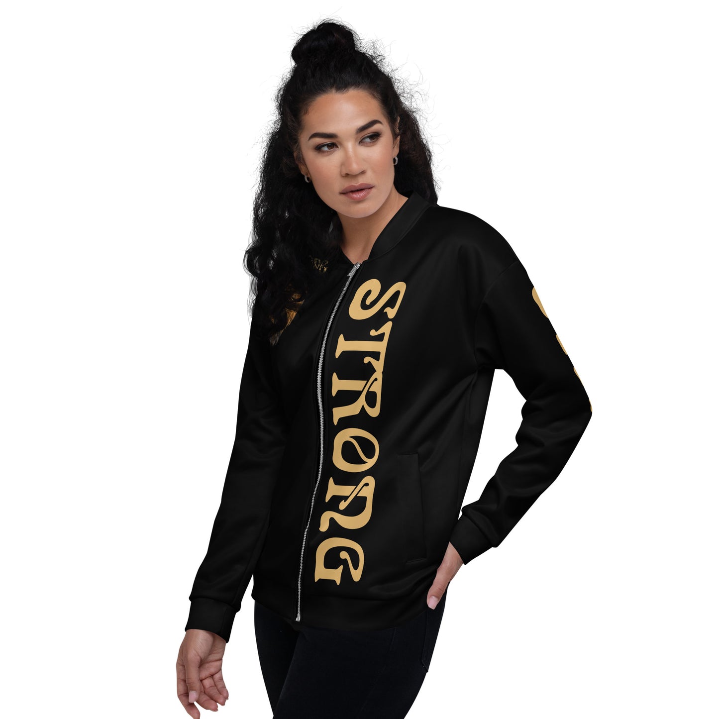 “STRONG”Black Unisex Bomber Jacket W/Double-Sided Fawn Font