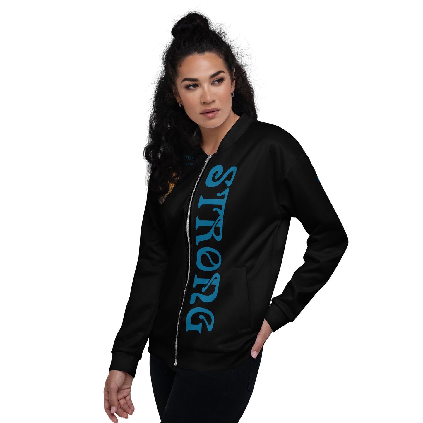 “STRONG”Black Unisex Bomber Jacket W/Cerulean Font
