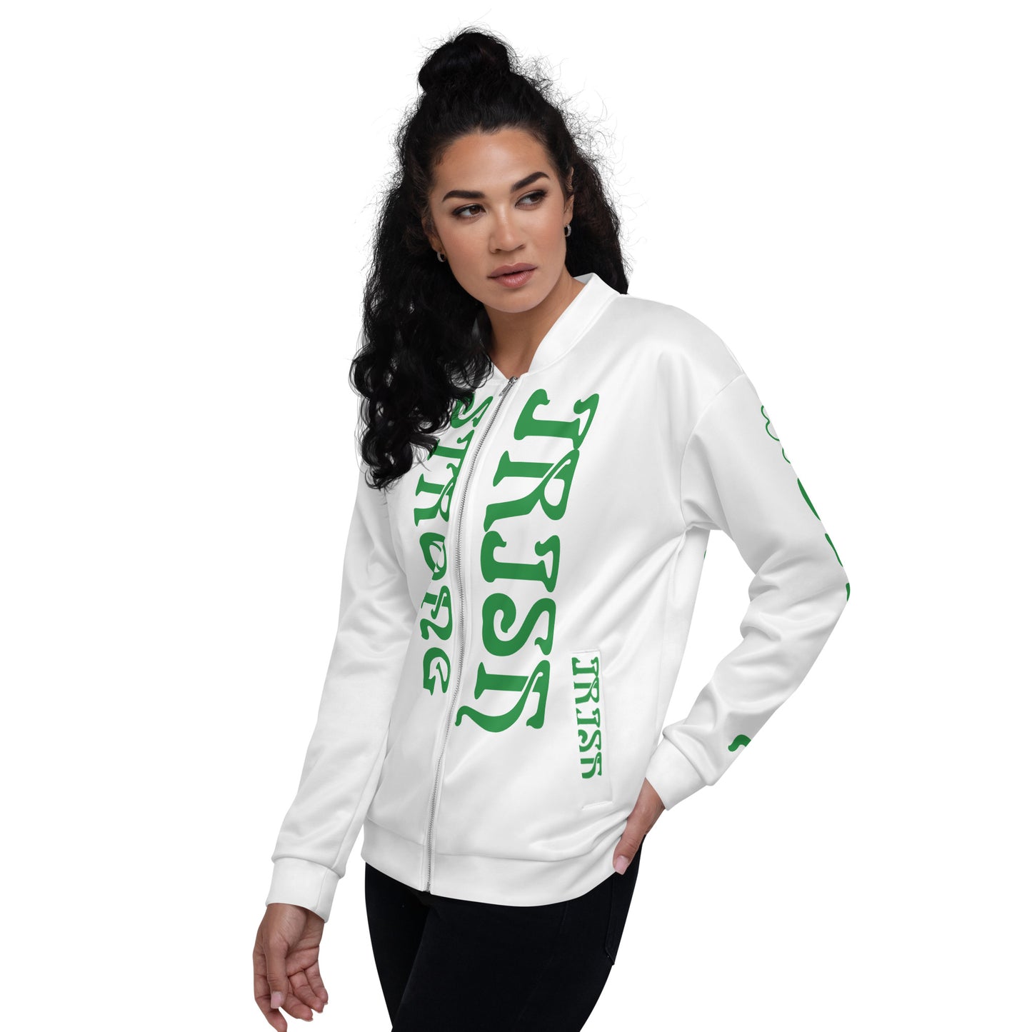 “STRONG IRISH”White Unisex Bomber Jacket W/Green Font