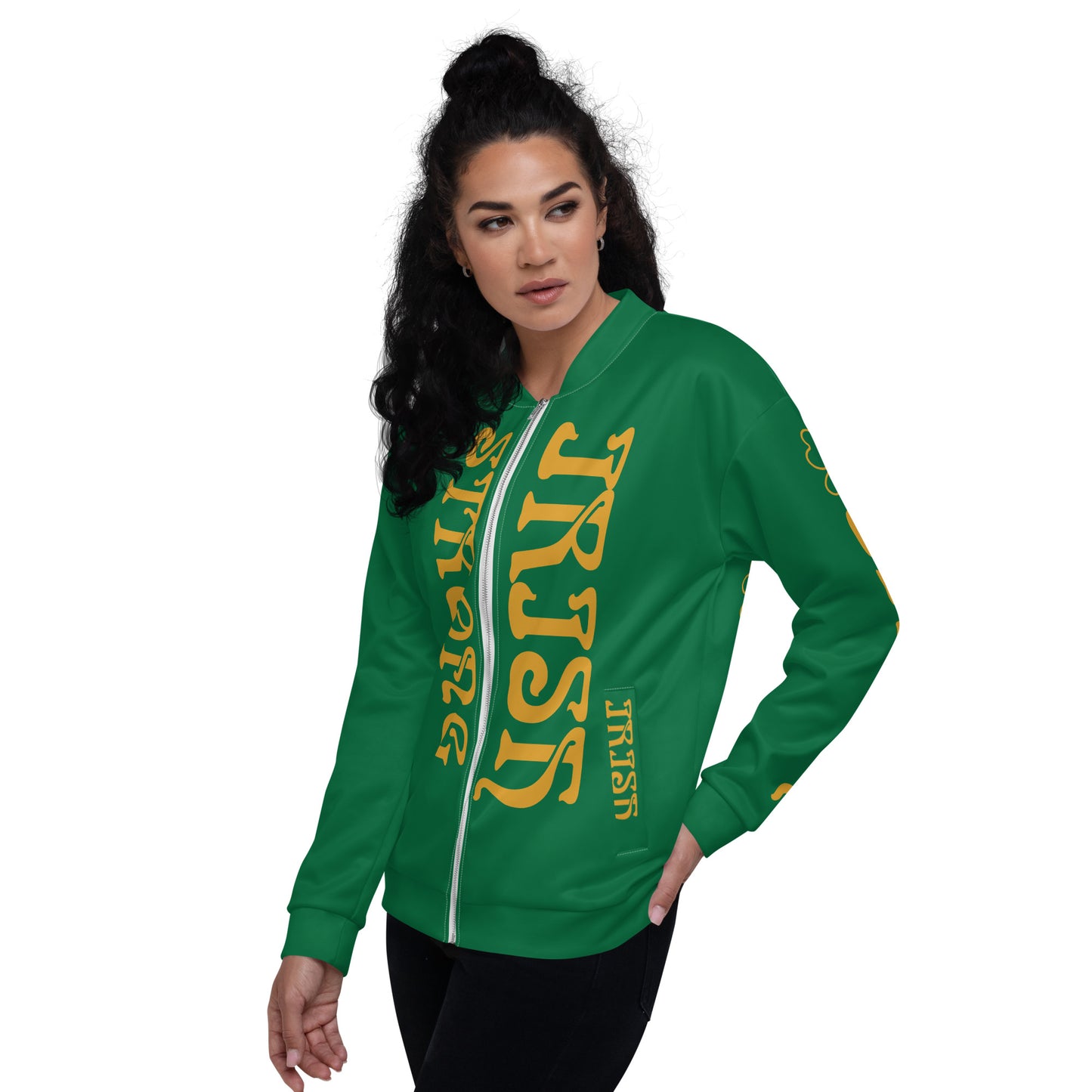 “STRONG IRISH” Green Unisex Bomber Jacket W/Bronze Font