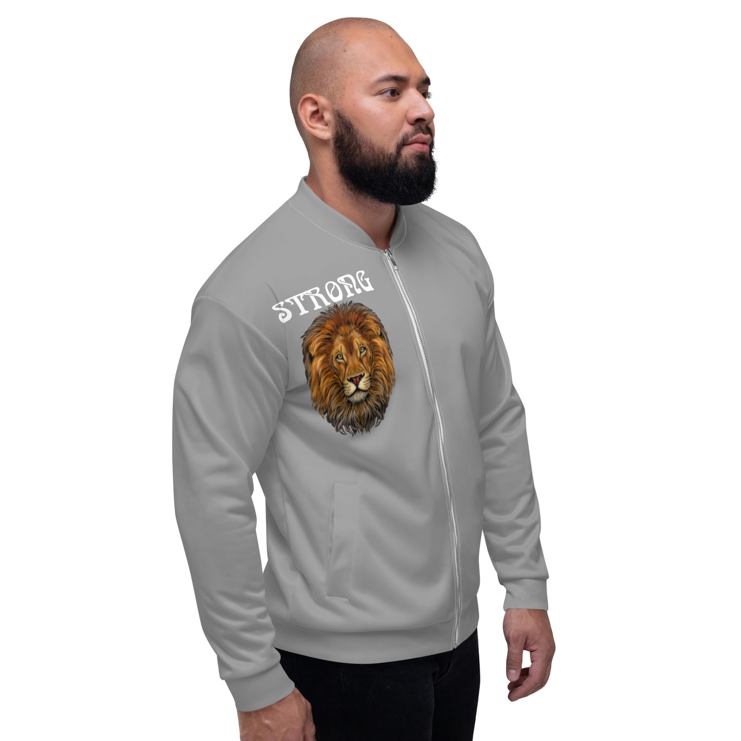 "STRONG"Grey Unisex Bomber Jacket W/White Font